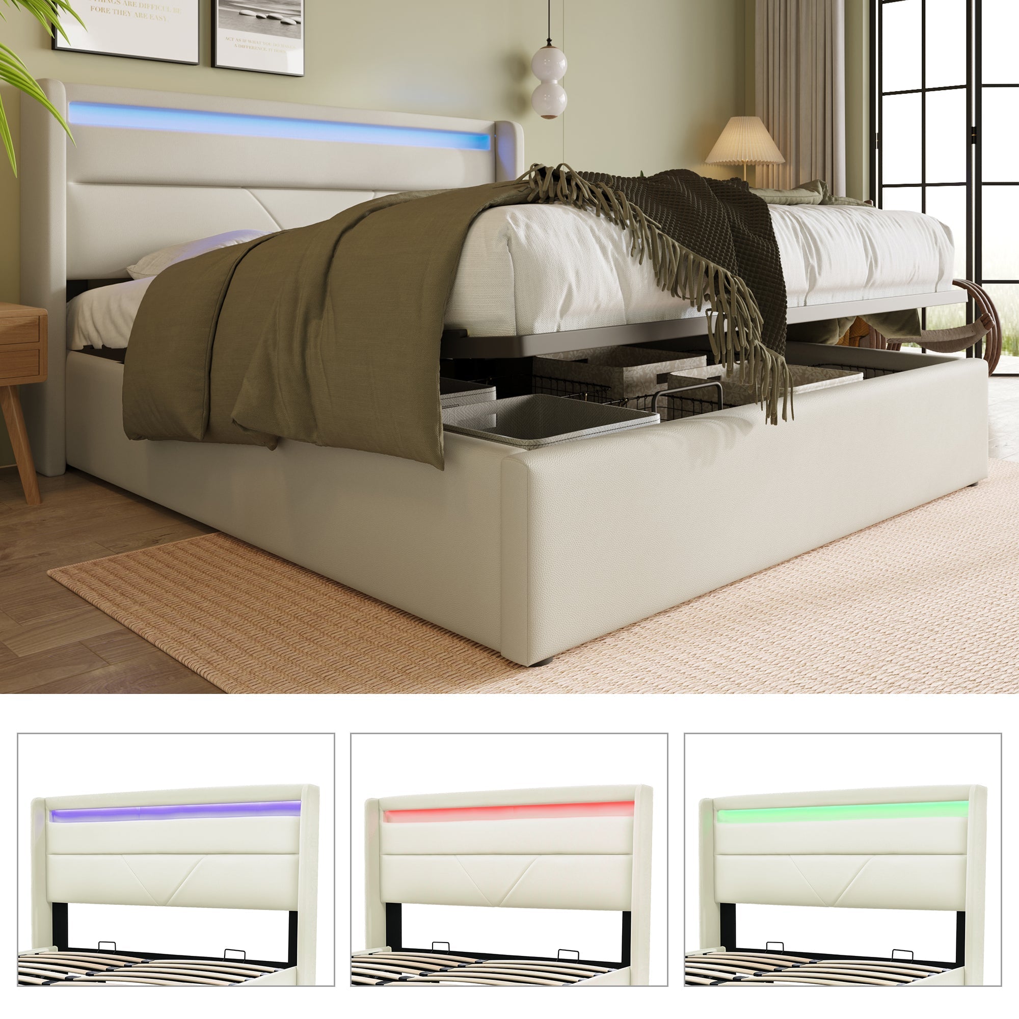 Hydraulic Storage Bed with LED Lighting and Remote Control, 160x200cm, White Upholstered