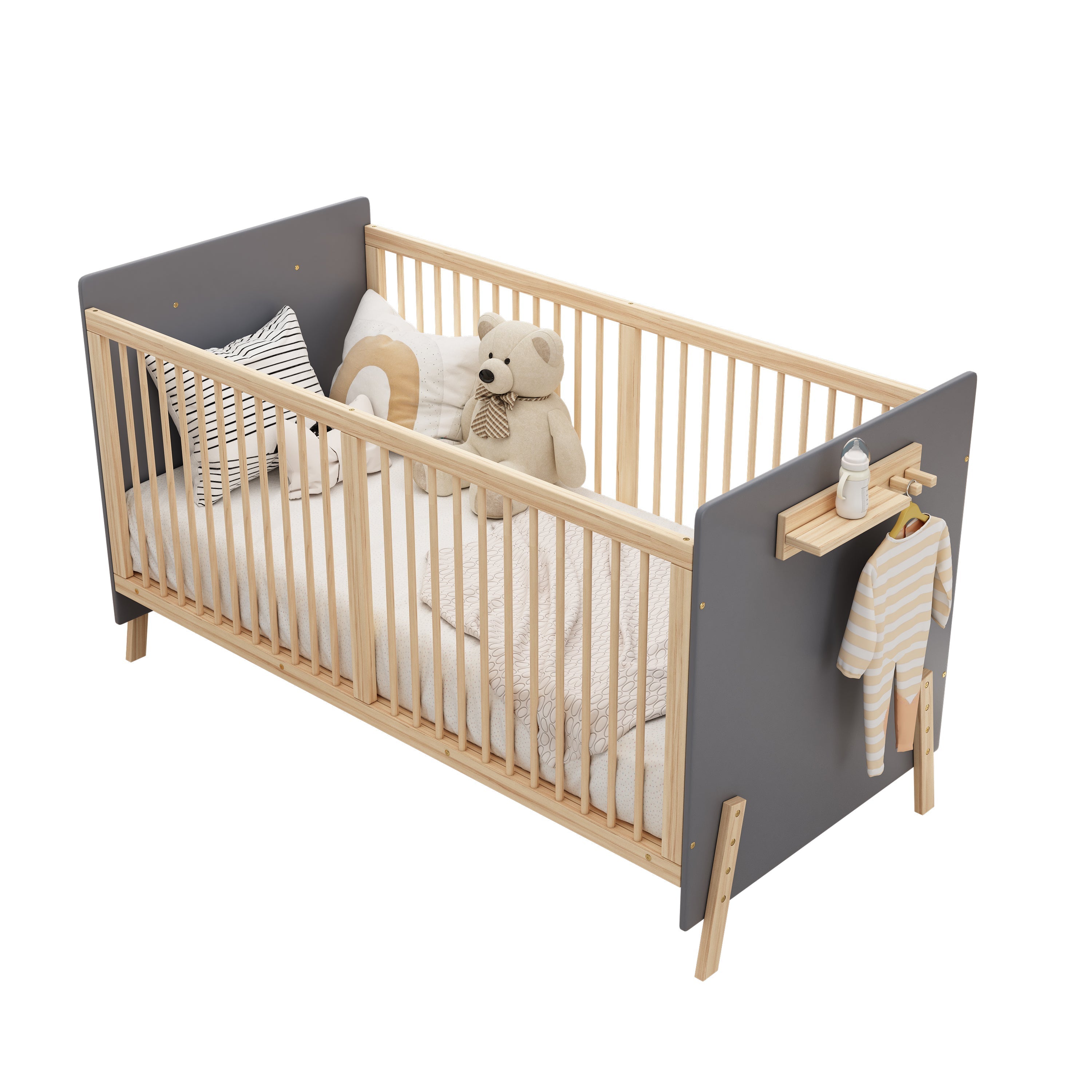 Solid Wood Baby Bed Adjustable Children's Cot/Sofa Bed 3-Stage Height Blue-Grey Natural Wood