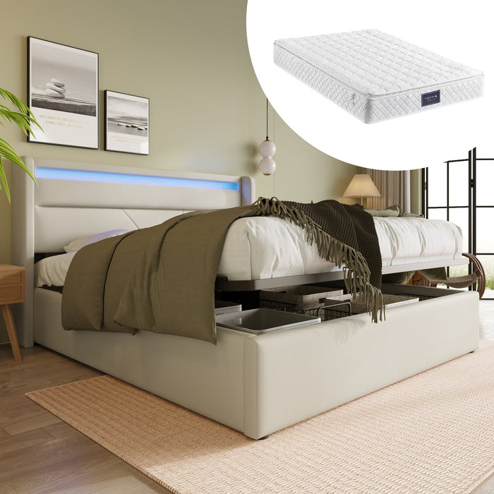 Hydraulic Storage Bed with LED Strip, 160x200cm Double Upholstered, White