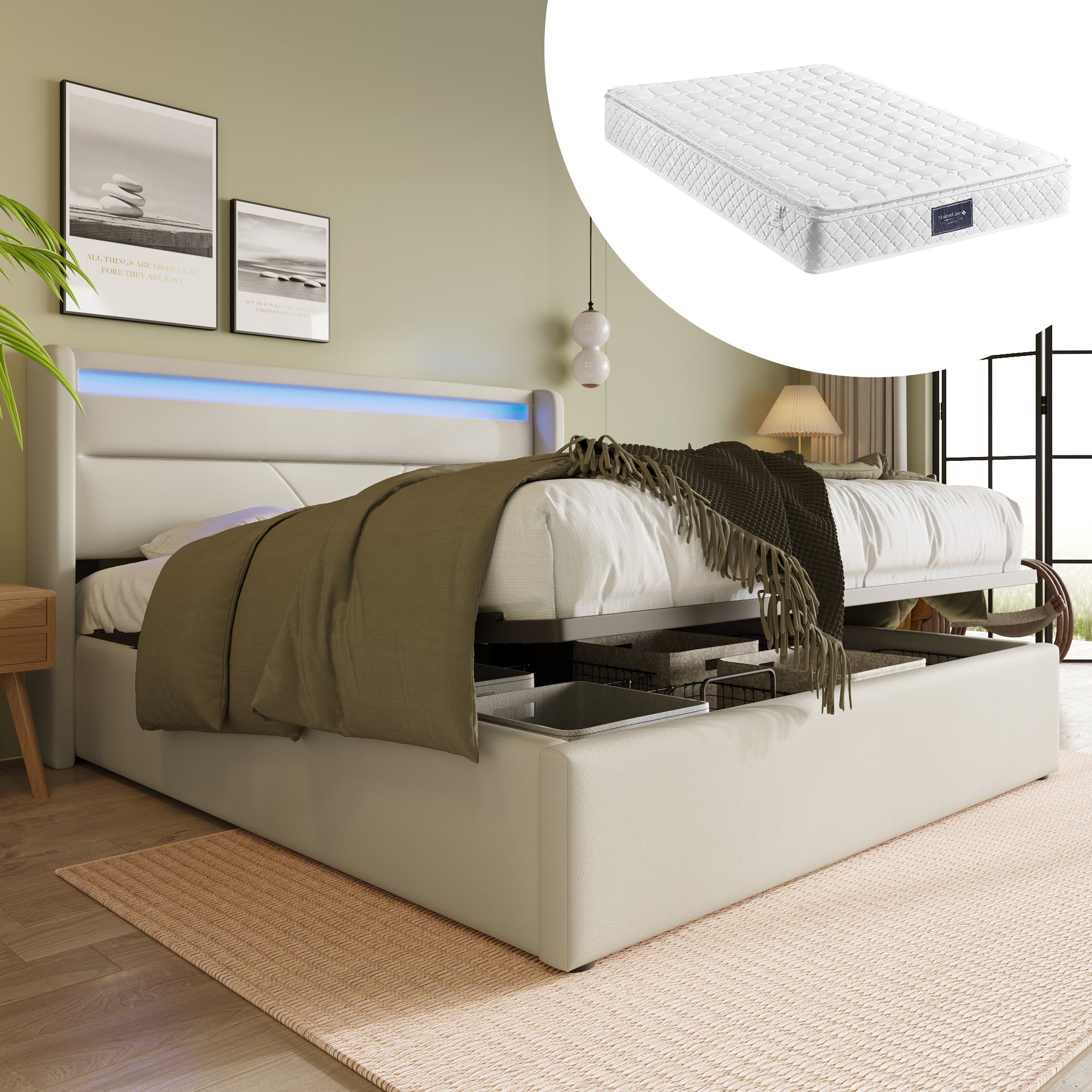 Hydraulic Storage Bed, 140x200cm Functional with LED Strip, White