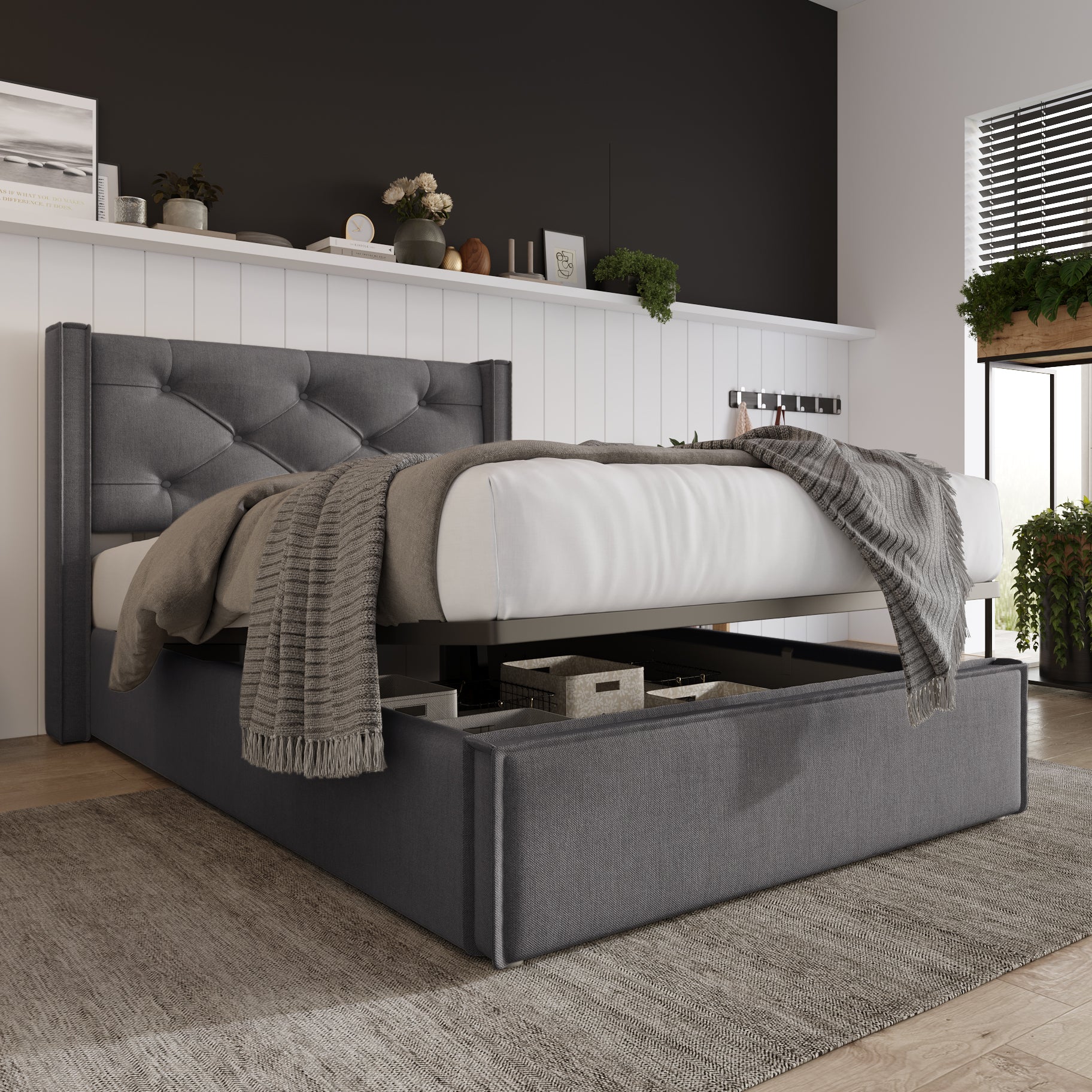 Hydraulic Bed, Single Upholstered 90x200cm, Storage, Gray Cotton