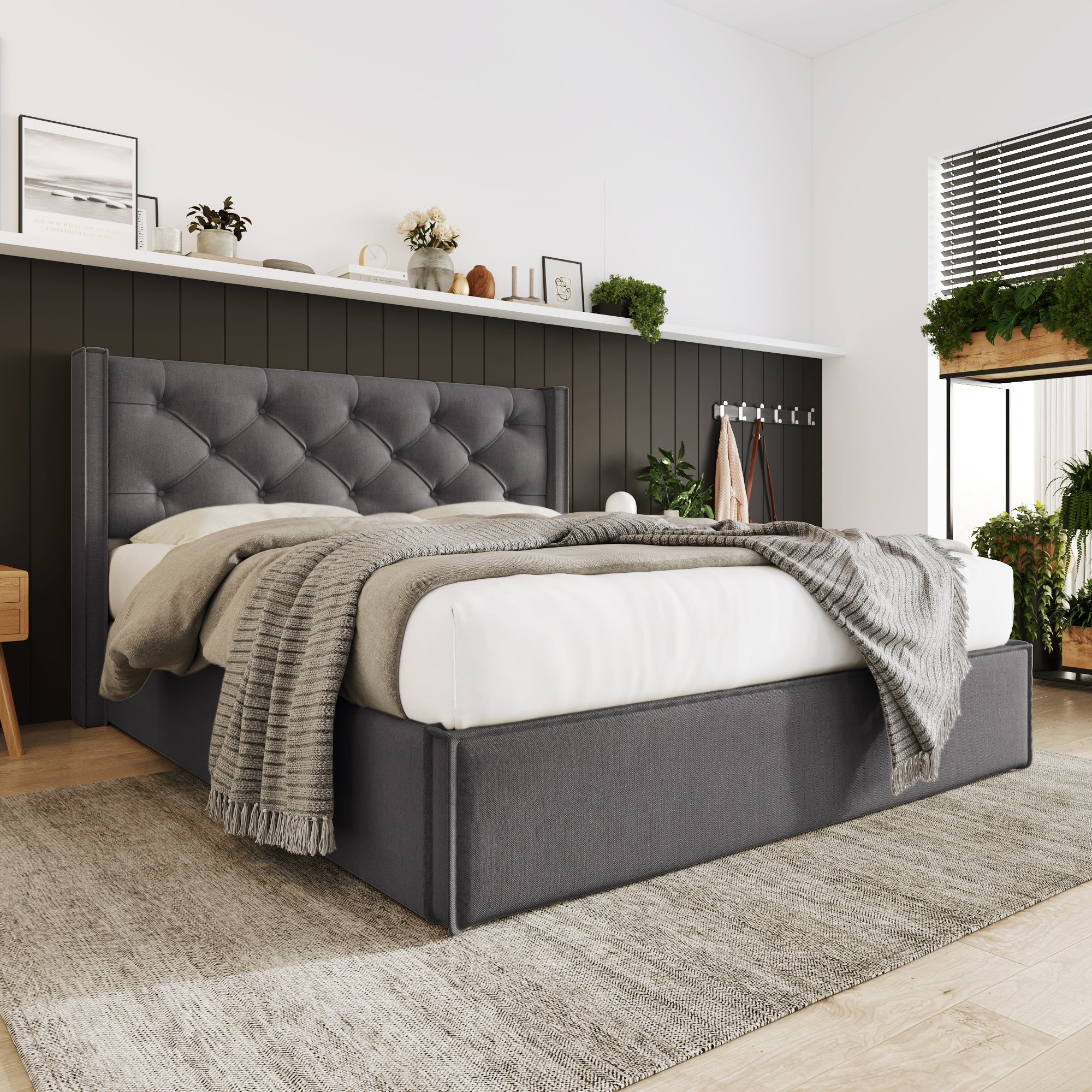 Hydraulic Upholstered Double Bed, 160x200cm, Metal Slatted Frame with Storage, Grey Cotton