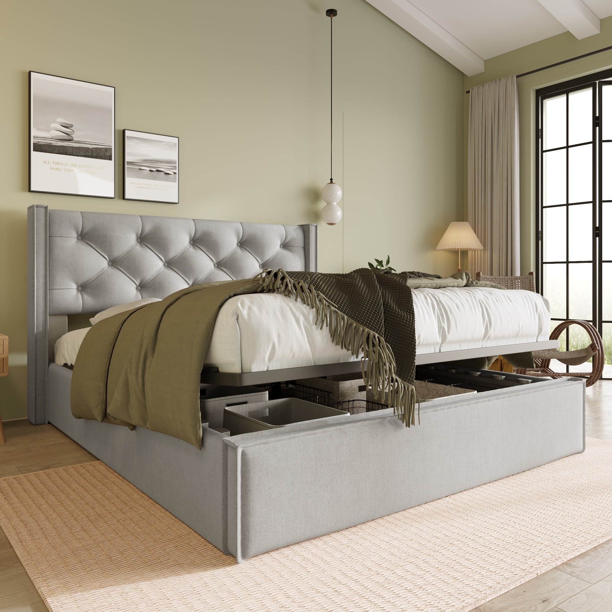 Hydraulic Double Upholstered Bed, 160x200cm with Storage, Light Gray Cotton