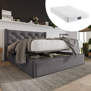 Hydraulic Double Upholstered Bed 160x200cm, Metal Frame with Storage, Gray Cotton