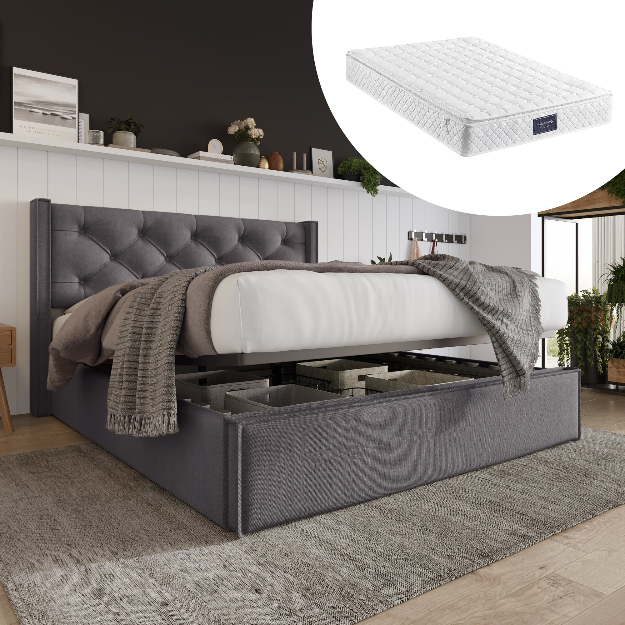 Hydraulic Double Upholstered Bed 160x200cm, Metal Frame with Storage, Gray Cotton
