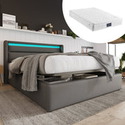 Hydraulic Storage Bed, 140x200cm Upholstered with LED, Grey