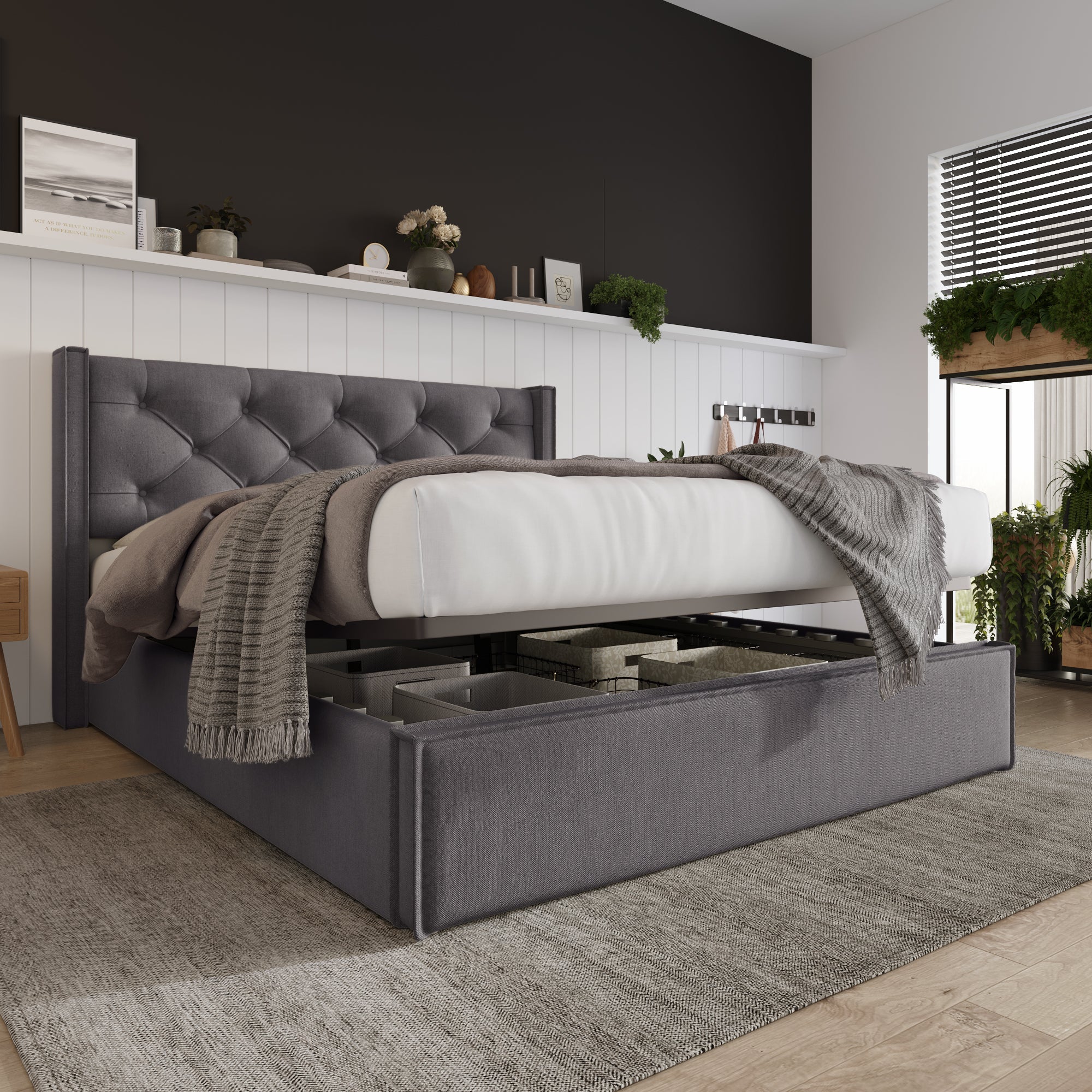 Hydraulic Upholstered Double Bed, 160x200cm, Metal Slatted Frame with Storage, Grey Cotton