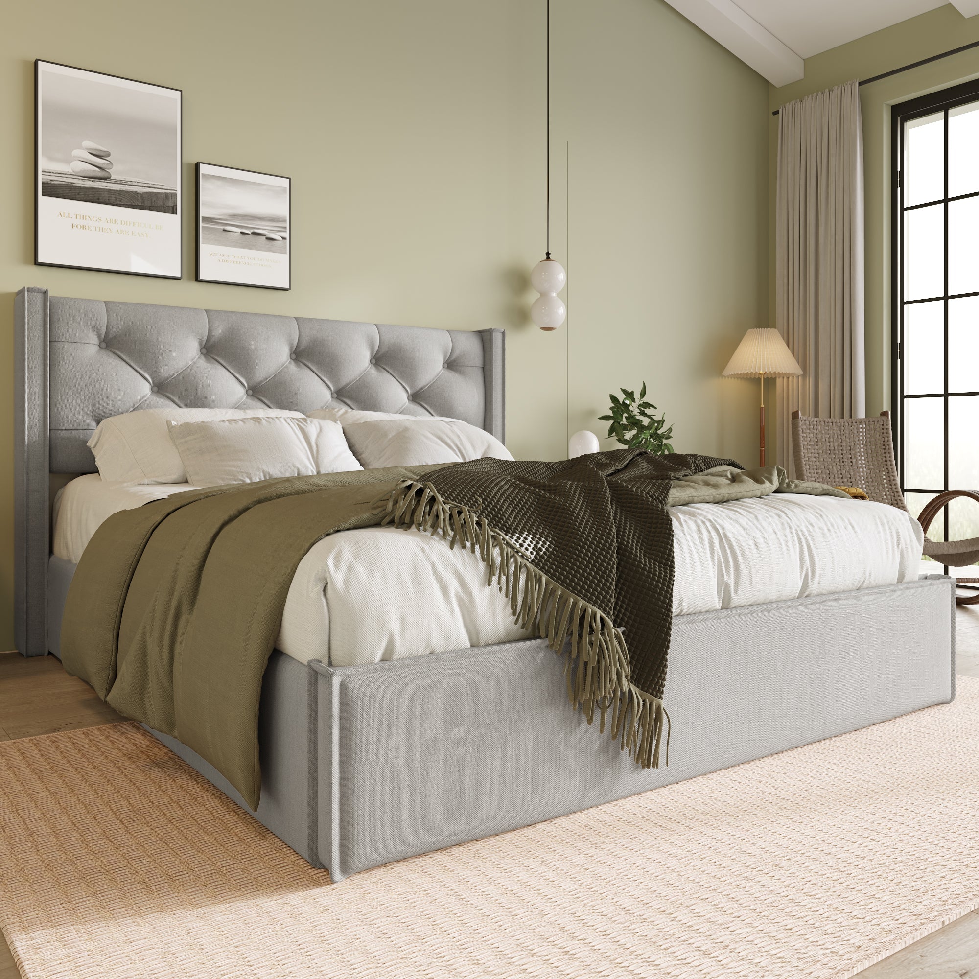 Hydraulic Double Upholstered Bed, 140x200cm, Storage, Light Gray Cotton