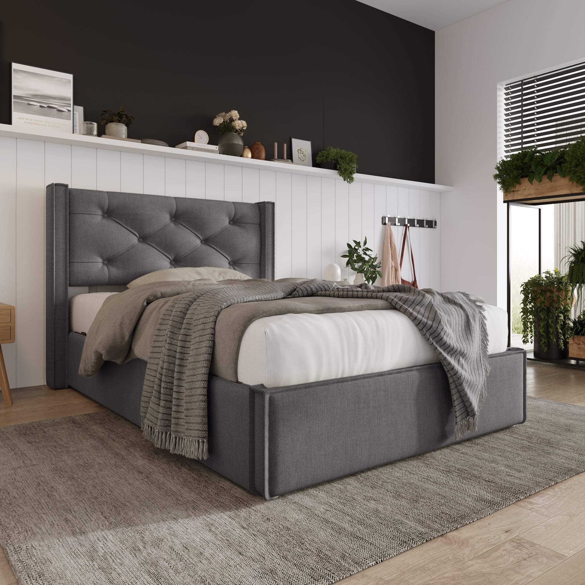 Hydraulic Bed, Single Upholstered 90x200cm, Storage, Gray Cotton