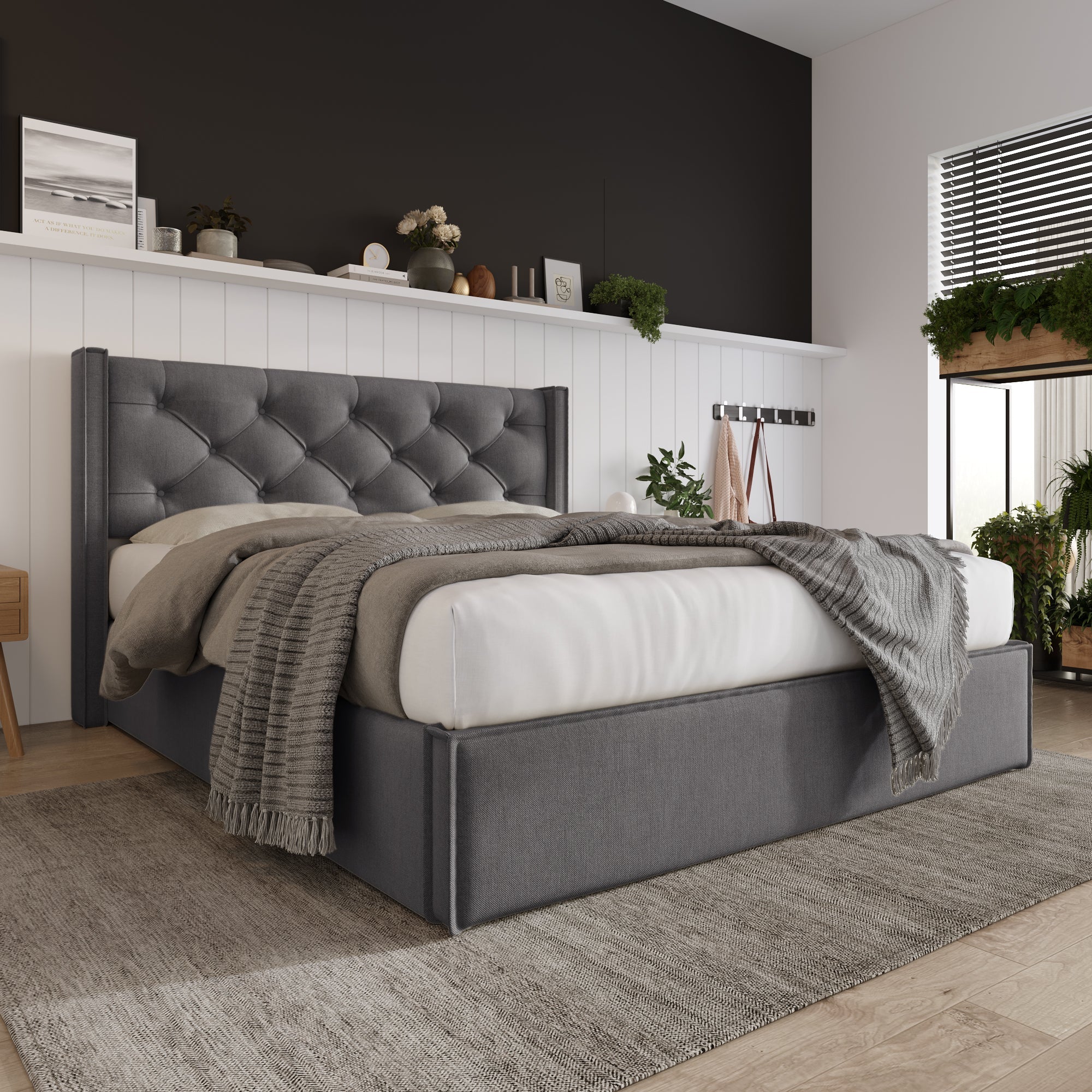 Hydraulic Double Upholstered Bed 160x200cm, Metal Frame with Storage, Gray Cotton