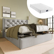 Hydraulic Double Upholstered Bed, 160x200cm with Storage, Light Gray Cotton