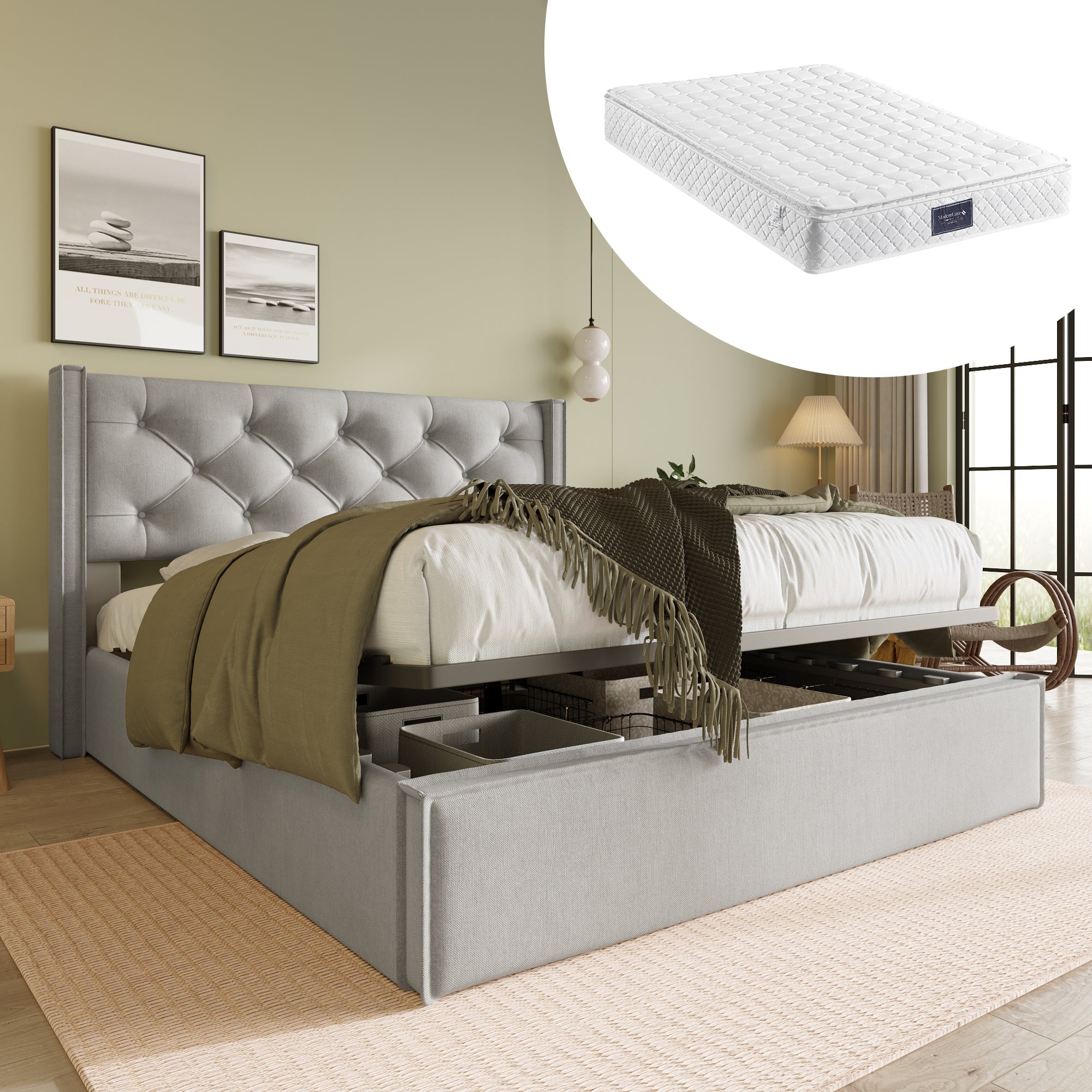 Hydraulic Double Upholstered Bed, 160x200cm with Storage, Light Gray Cotton
