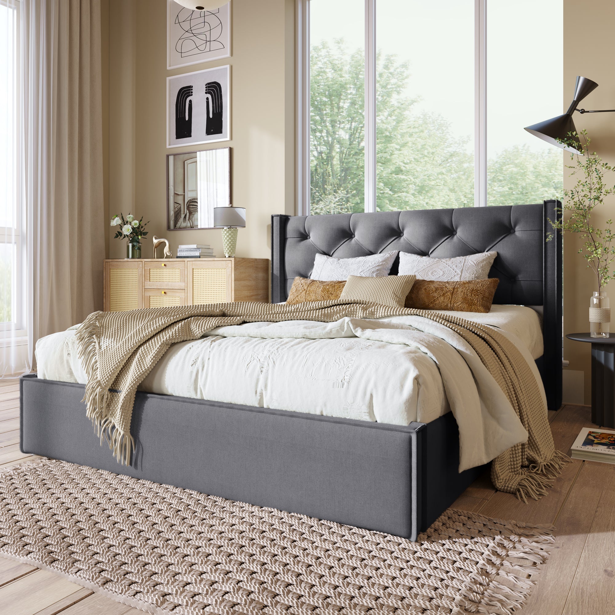Hydraulic Double Upholstered Bed, 160x200cm, Metal Frame, Storage, Cotton, Grey
