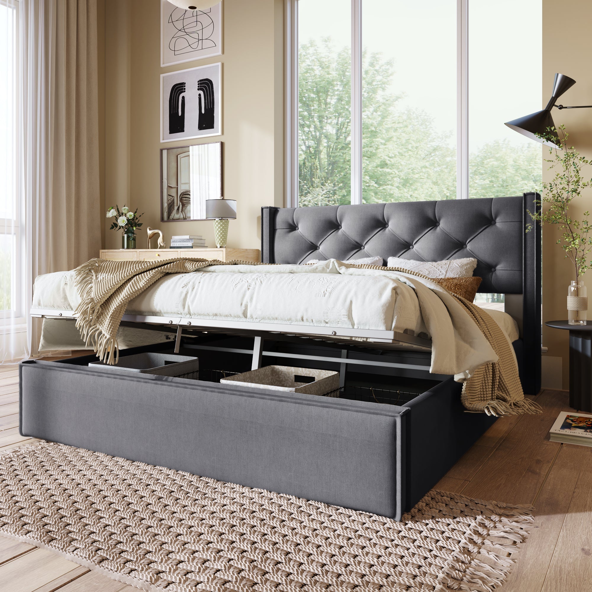 Hydraulic Double Upholstered Bed, 160x200cm, Metal Frame, Storage, Cotton, Grey