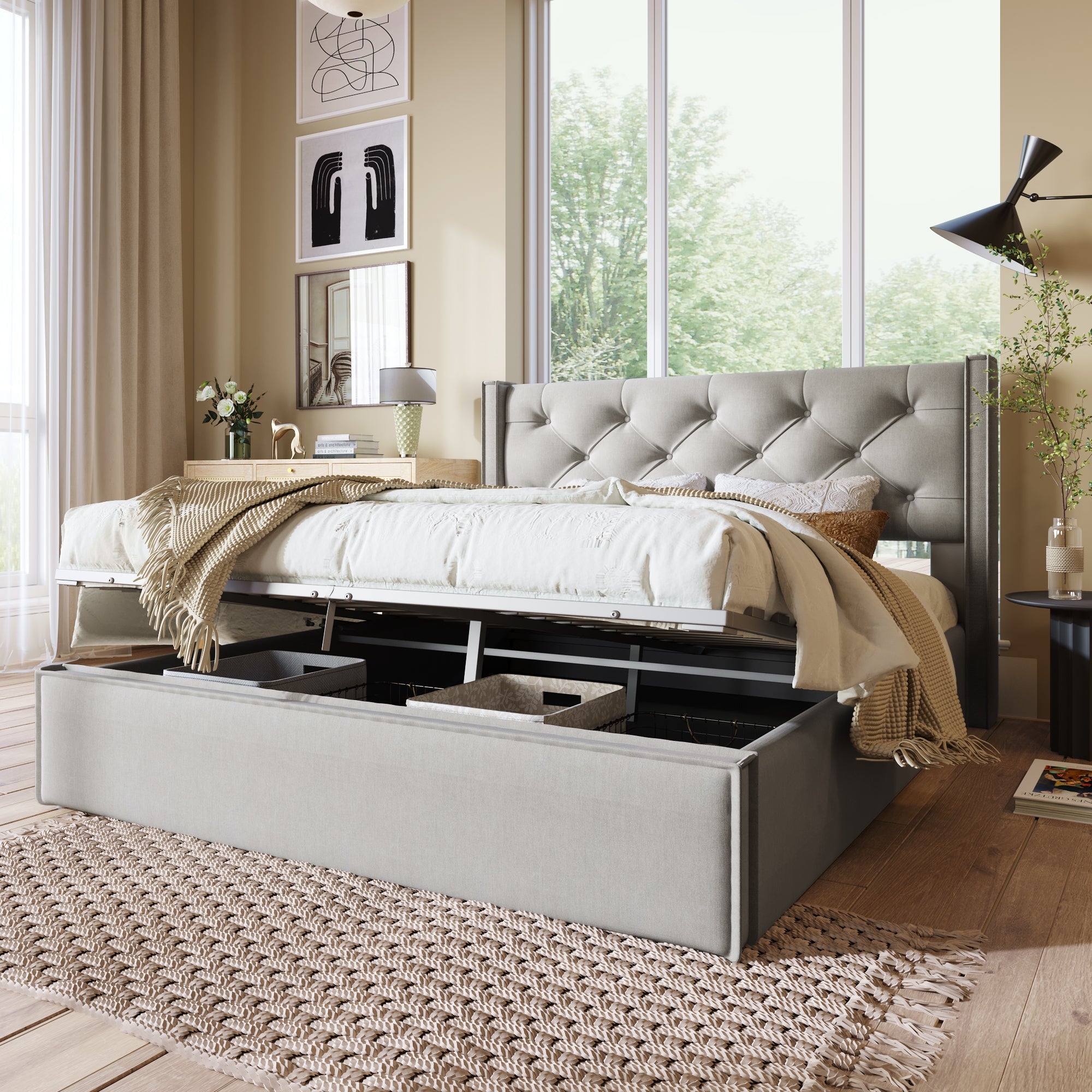 Upholstered Bed, Hydraulic Double with Storage, Light Grey Cotton