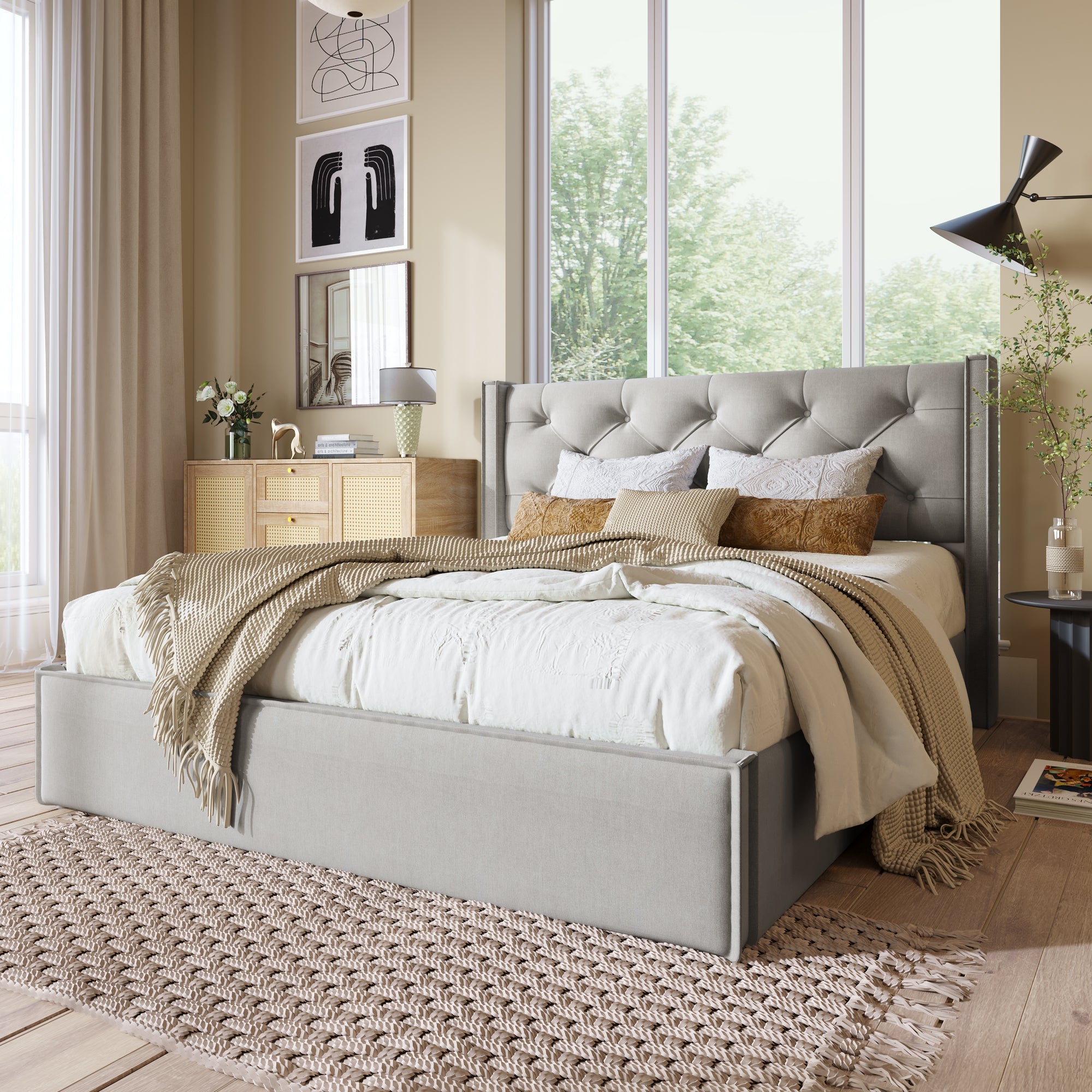Upholstered Bed, Hydraulic Double with Storage, Light Grey Cotton