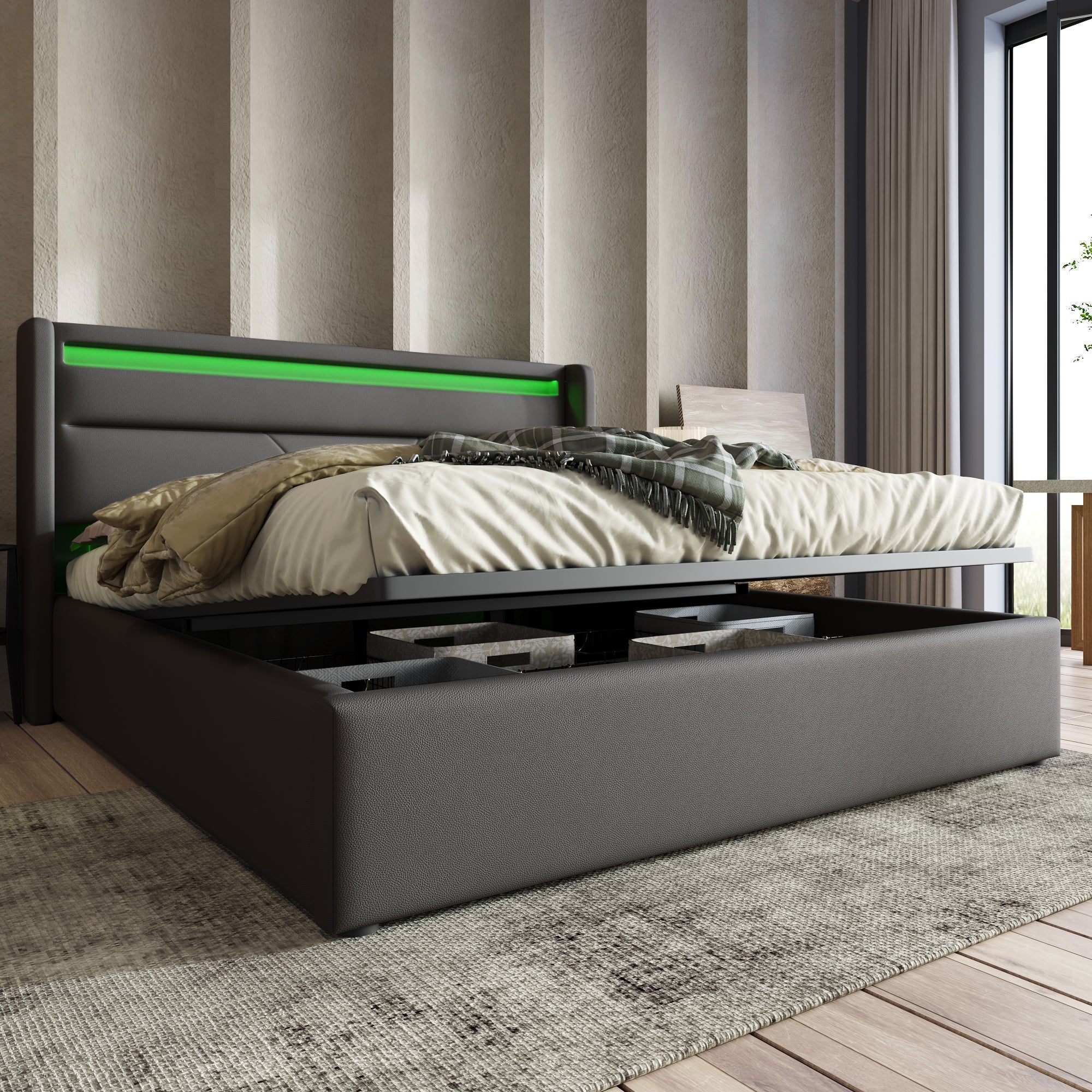 Hydraulic Storage Bed with LED Strip, Double Upholstered 160x200cm, Gray