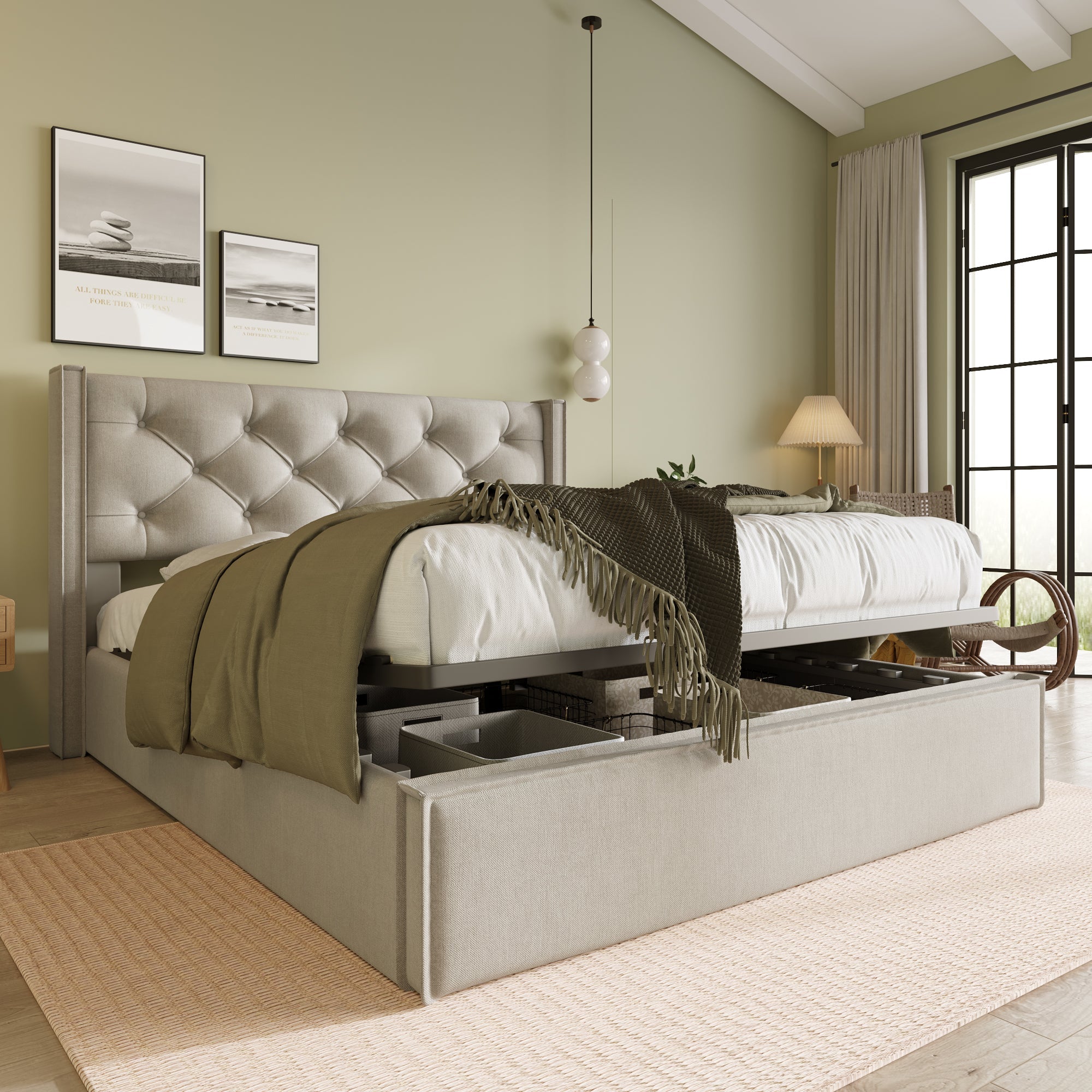 Upholstered Bed, Hydraulic Double with Storage, Light Grey Cotton
