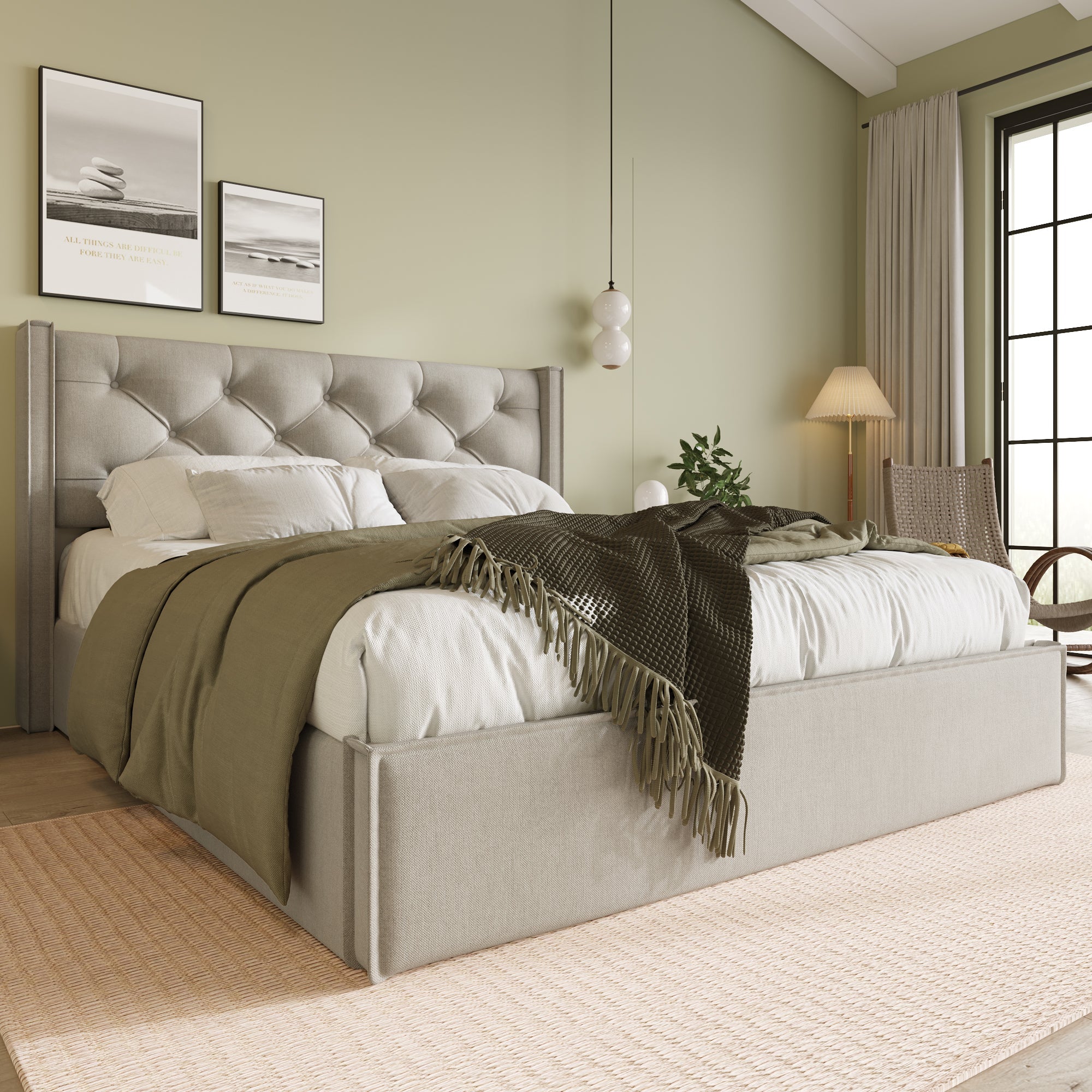 Upholstered Bed, Hydraulic Double with Storage, Light Grey Cotton