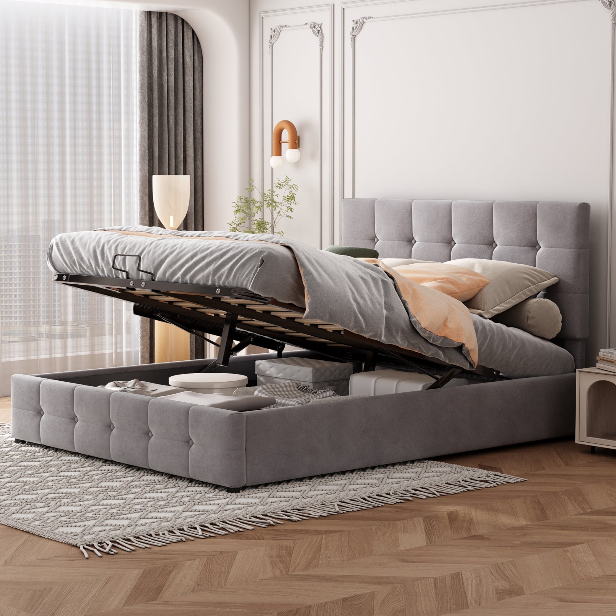 Upholstered Bed, 140x200 Double with Liftable Storage, Adjustable Headboard, Velvet Fabric Gray