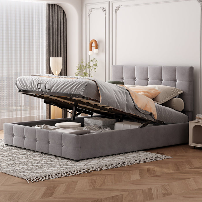 Upholstered Bed, 140x200 Double with Liftable Storage, Adjustable Headboard, Velvet Fabric Gray