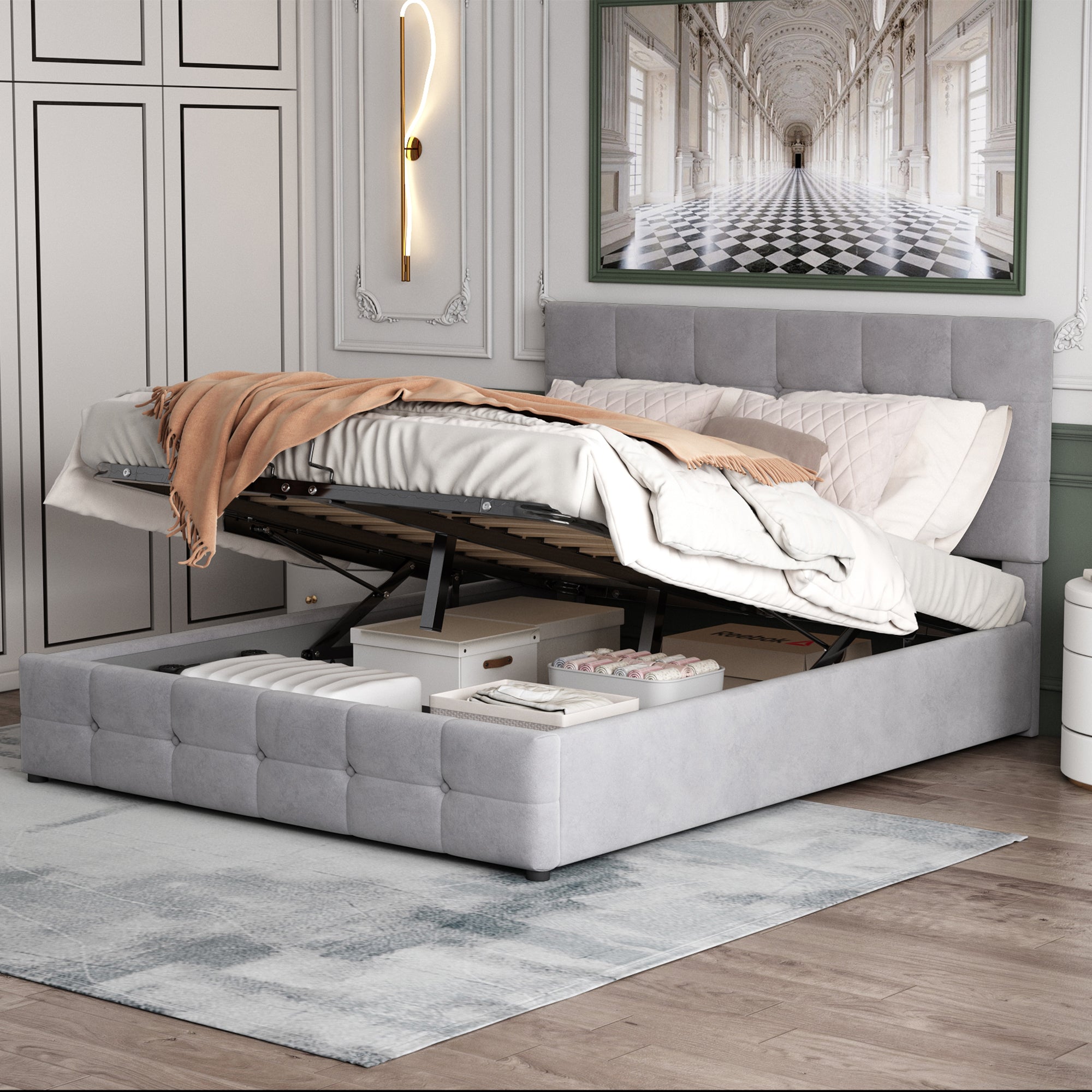 Upholstered Bed with Hydraulic Lift and Storage, Velvet Space-Saving Design, Multi-color