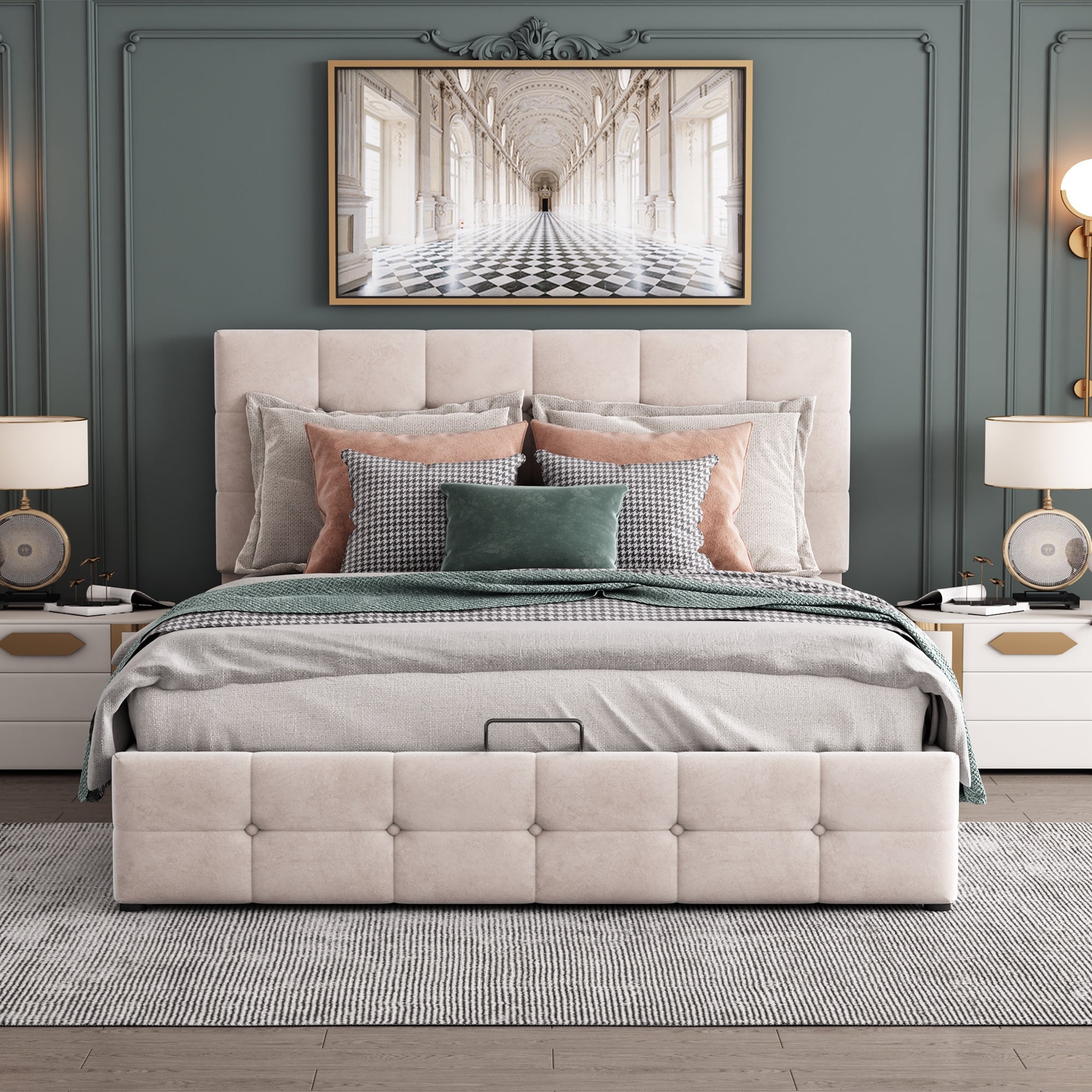 Upholstered Bed 140x200, Hydraulic Storage & Adjustable Headboard, Cream Velvet