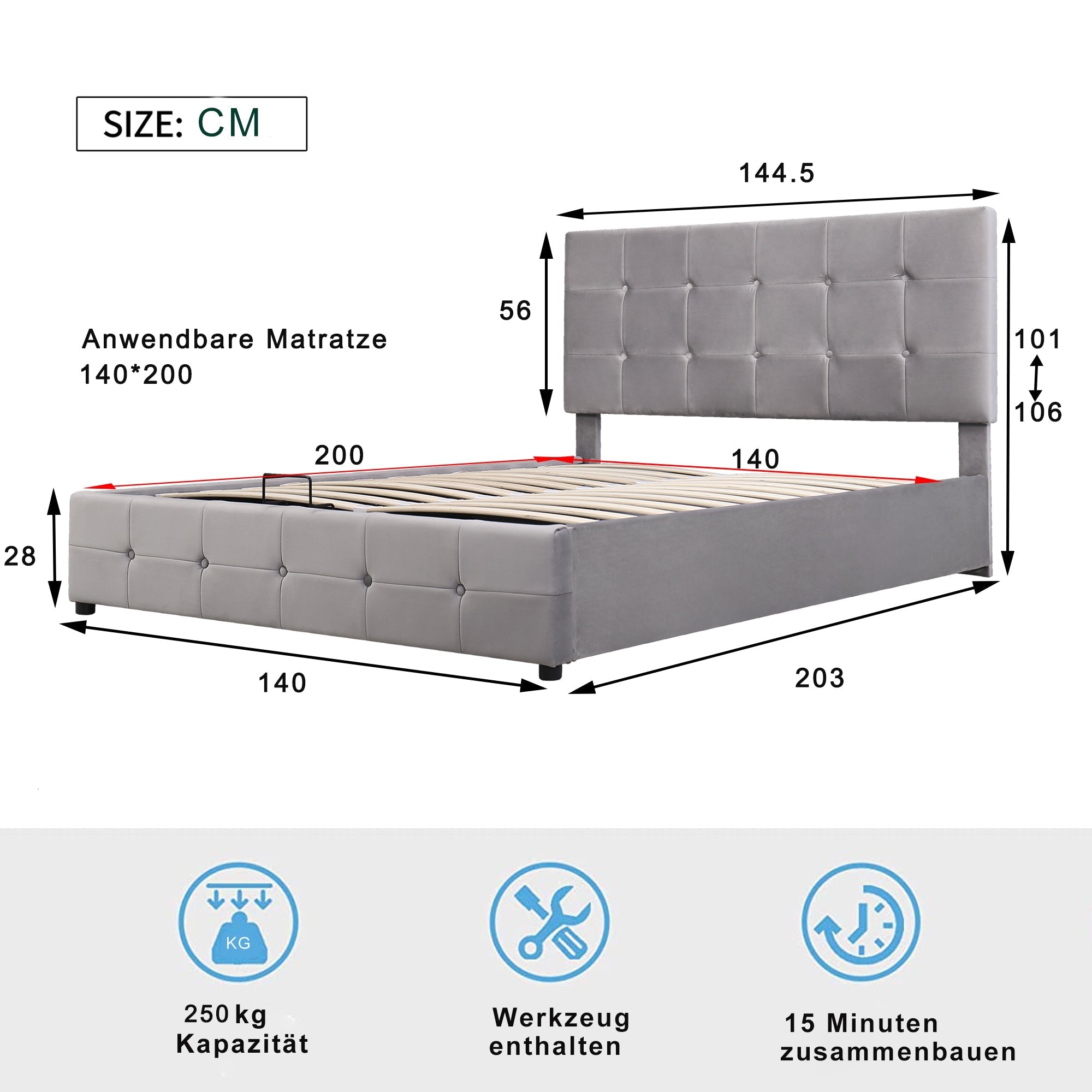 Upholstered Bed, 140x200 Double with Liftable Storage, Adjustable Headboard, Velvet Fabric Gray