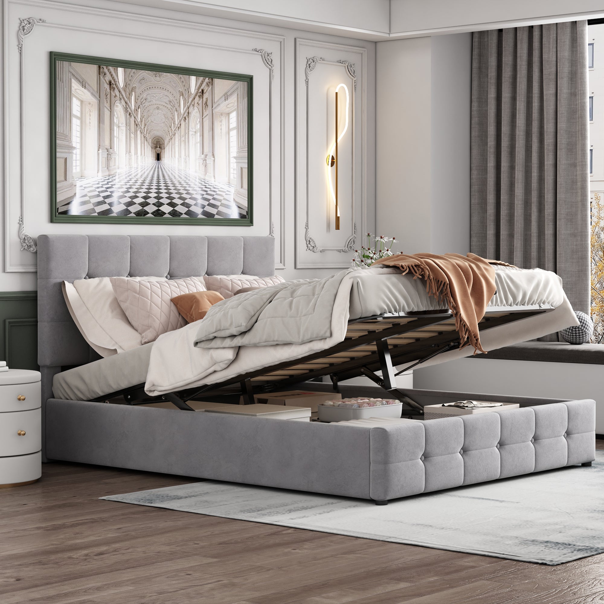 Upholstered Bed with Hydraulic Lift and Storage, Velvet Space-Saving Design, Multi-color