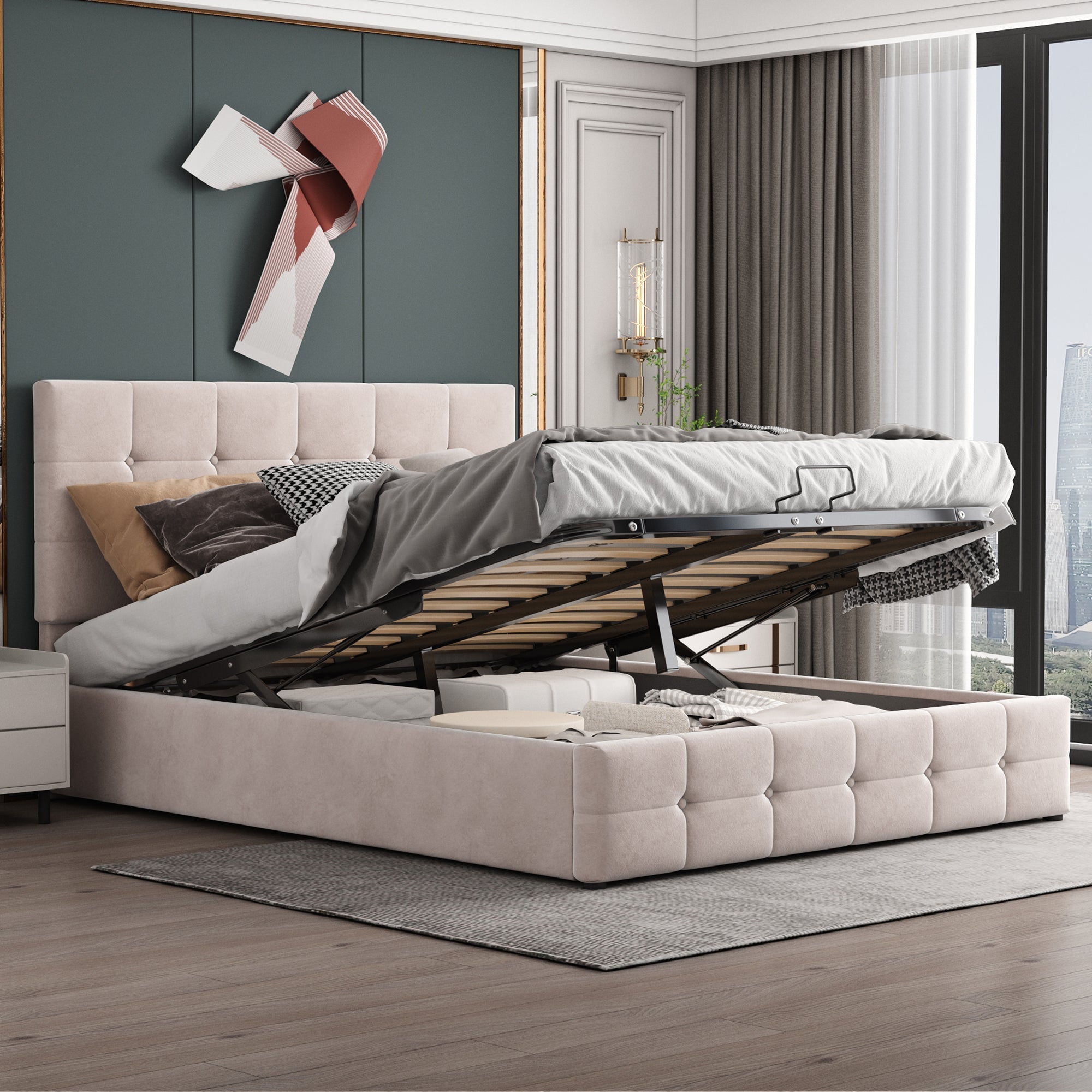 Upholstered Bed 140x200, Hydraulic Storage & Adjustable Headboard, Cream Velvet