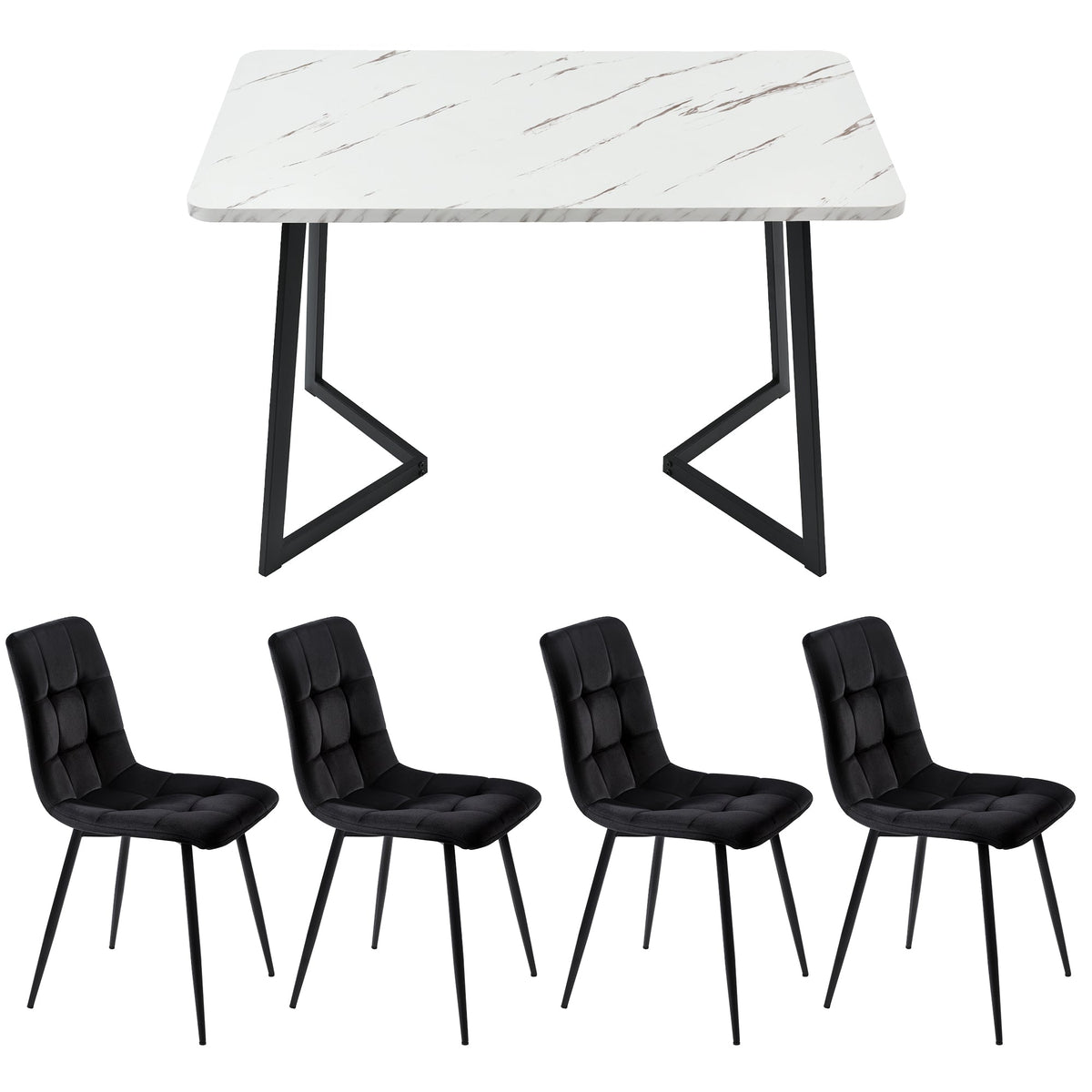 5-Piece Dining Set Rectangular Black Velvet Chairs with Black Legs