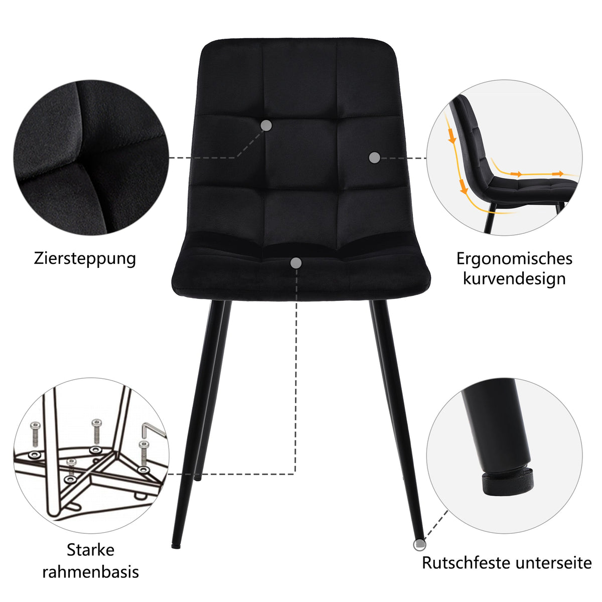 5-Piece Dining Set Modern Wood Grain Table Black Metal Legs Black Velvet