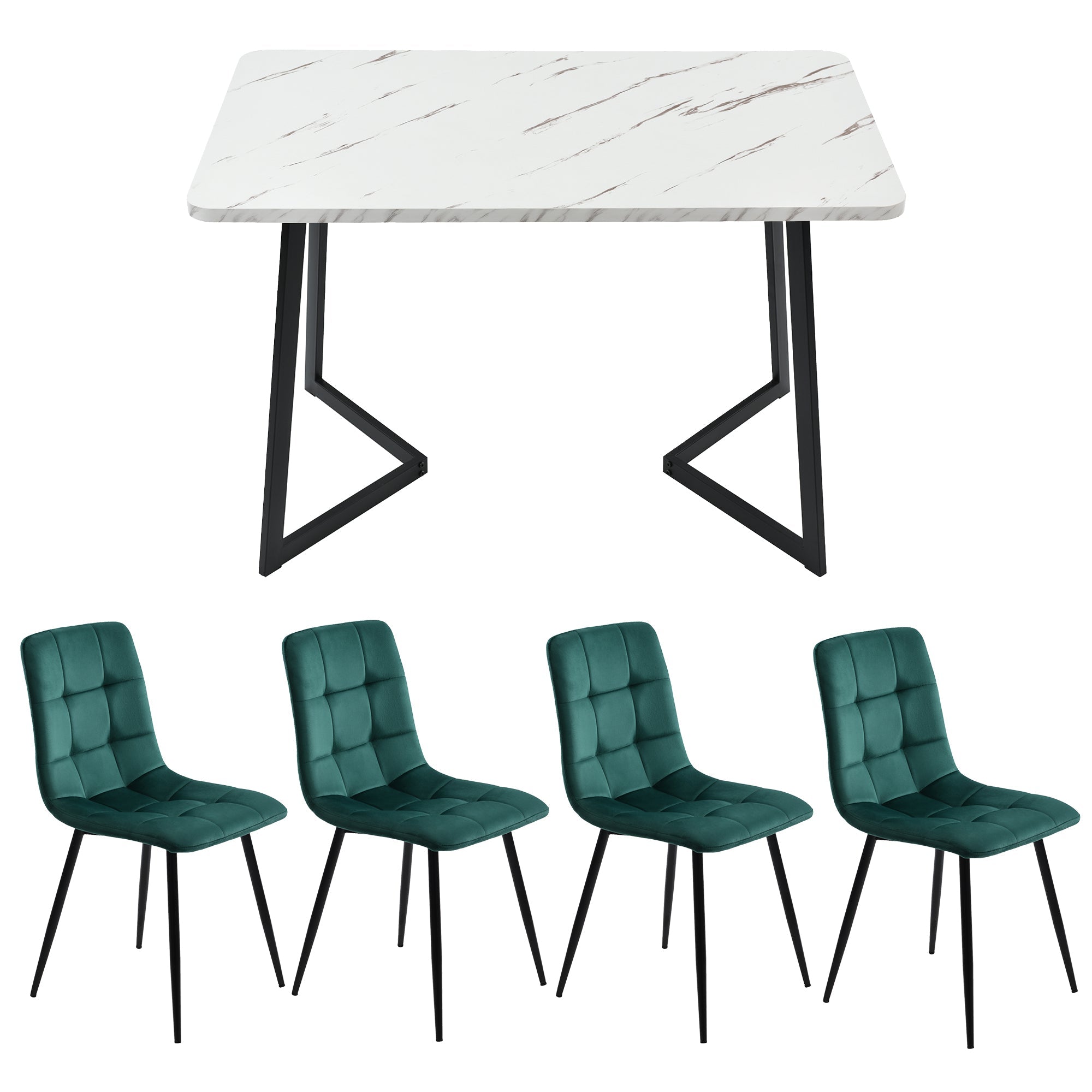 5-Piece Dining Set 117cm Rectangular Kitchen Table & 4 Dark Green Velvet Chairs Black Legs