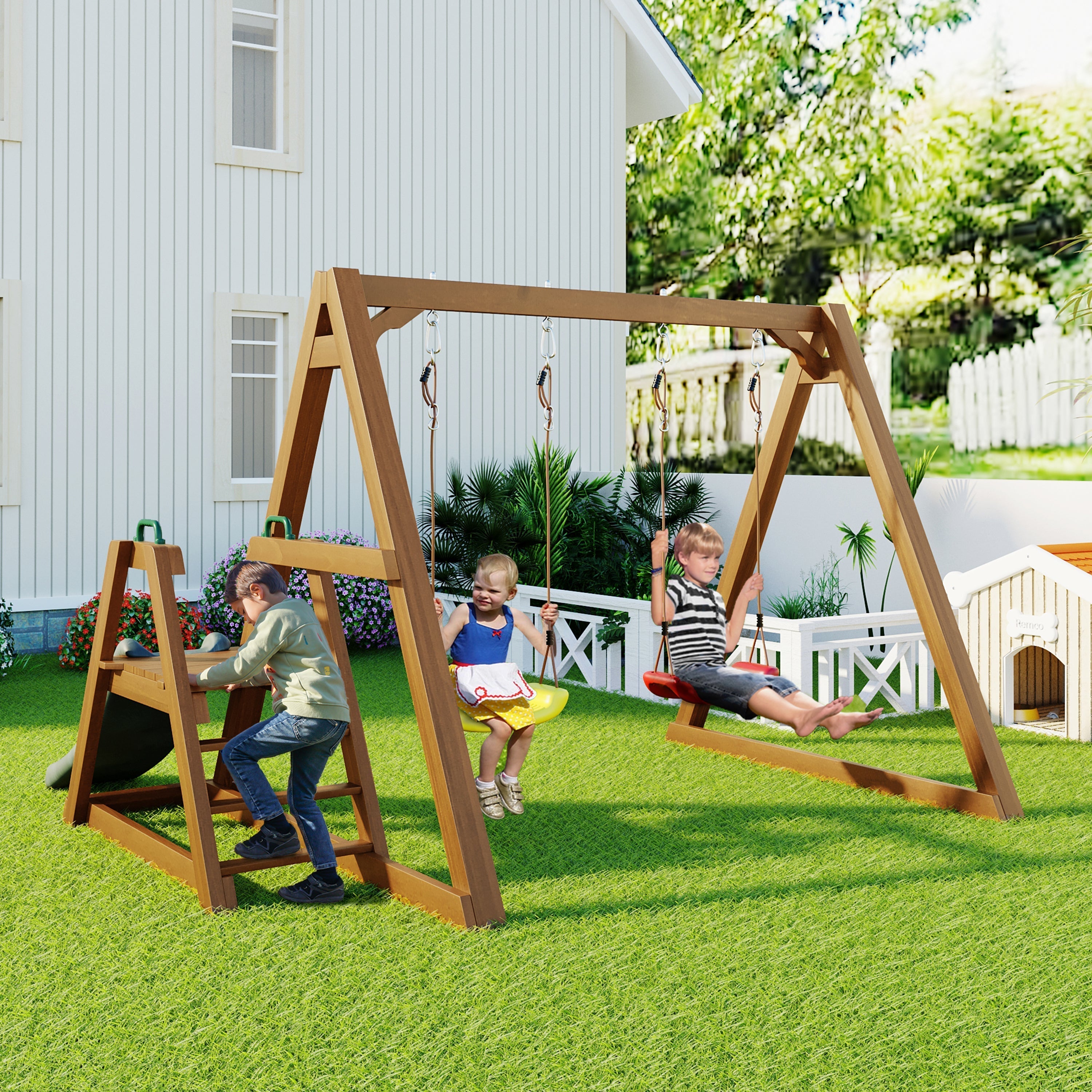 Double Swing for Children with Slide and Climbing Ladder, Solid Wood