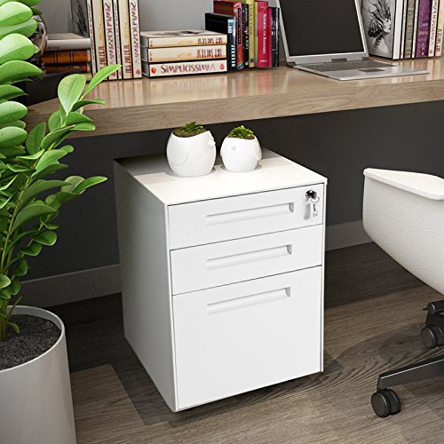 3 Drawer File Cabinet Filing Pedestal Metal Solid Mobile with Keys, Fully Assembled Except Casters (White)
