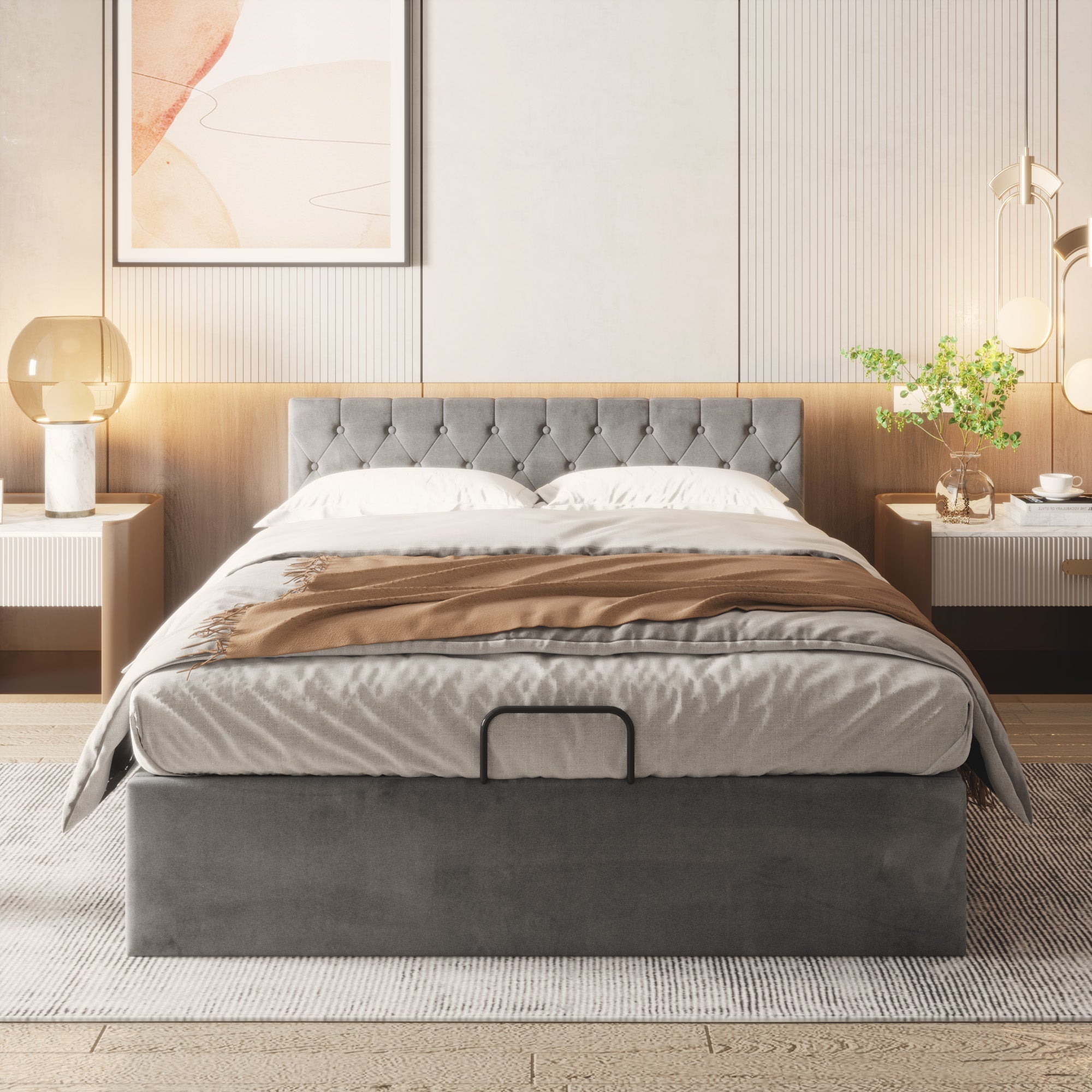Upholstered Double Bed 140x200cm Hydraulic Storage Buttoned Headboard - Velvet Grey