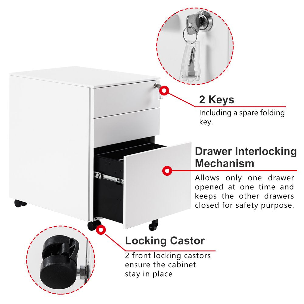 Mobile File Cabinet 3 Drawers 5 Wheels Lockable Storage for A4 Metal Solid Pedestal with Keys - Clearance