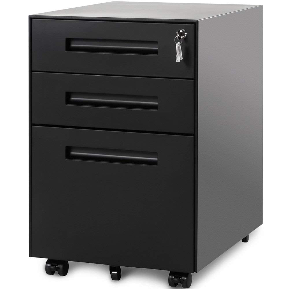 3 Drawer Steel Metal Filing Cabinet with Embedded Handle and Lock (Black)