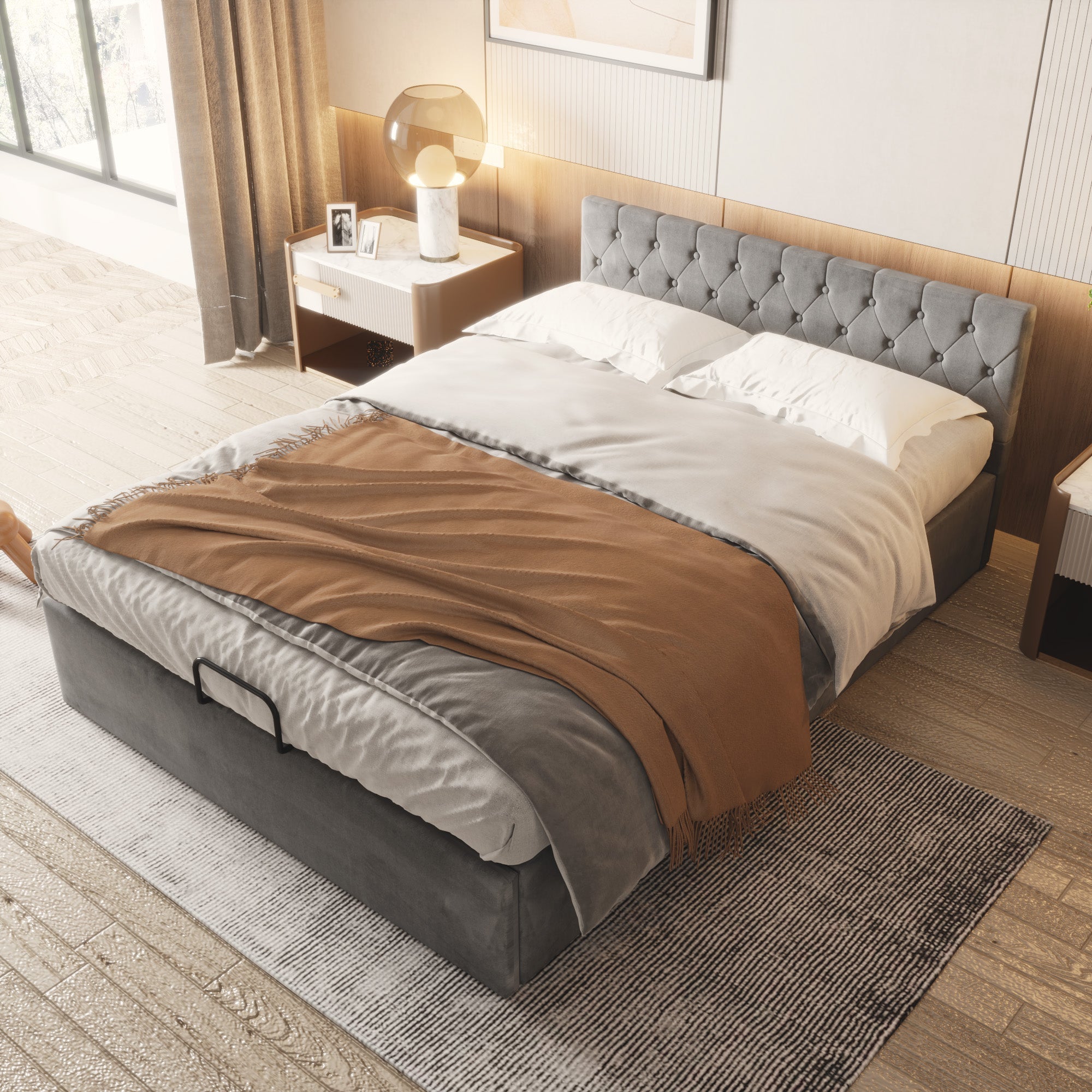 Upholstered Double Bed 140x200cm Hydraulic Storage Buttoned Headboard - Velvet Grey