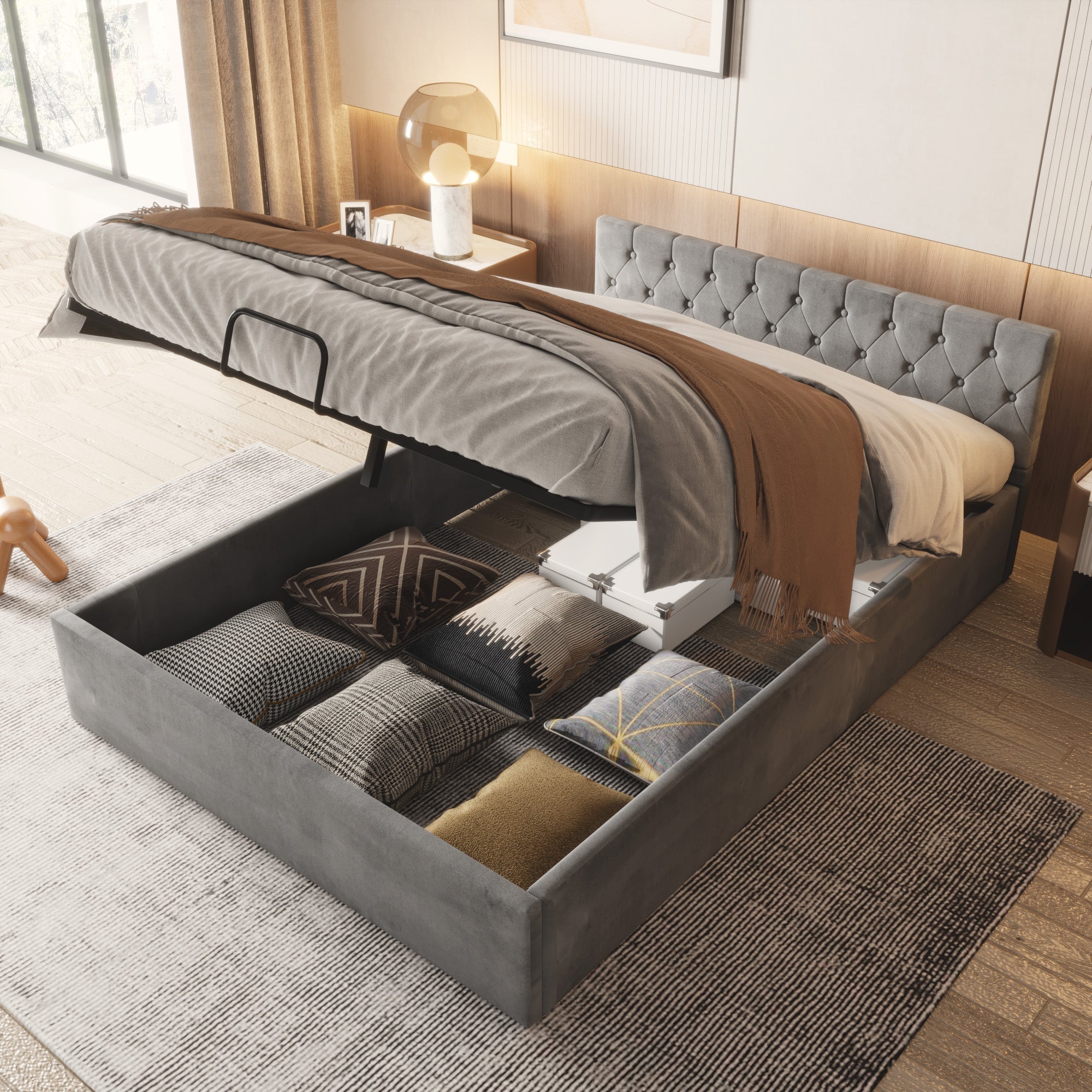 Upholstered Double Bed 140x200cm Hydraulic Storage Buttoned Headboard - Velvet Grey