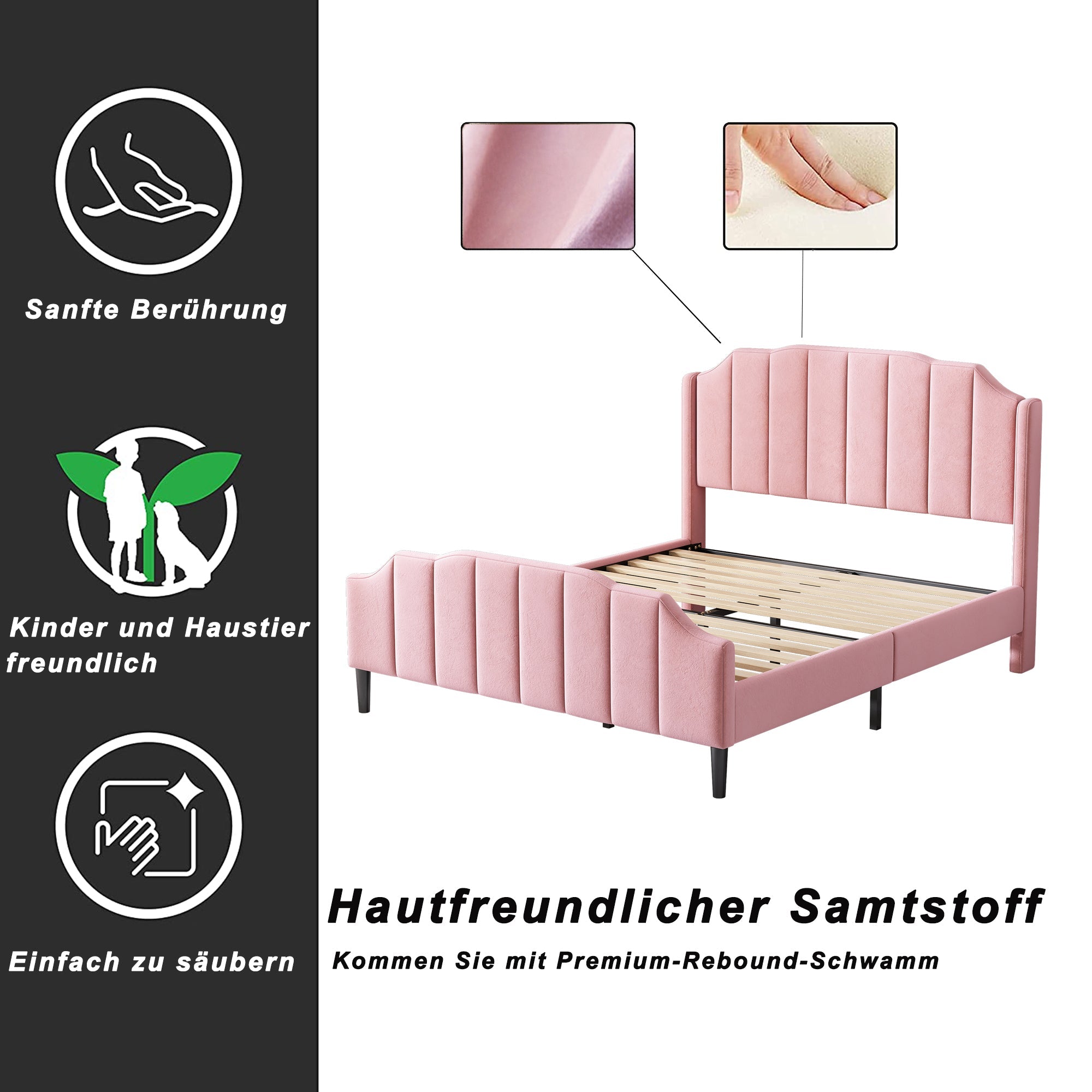 Upholstered Bed, 140 x 200 cm, with Headboard, Footboard & Slatted Frame, Pink Velvet