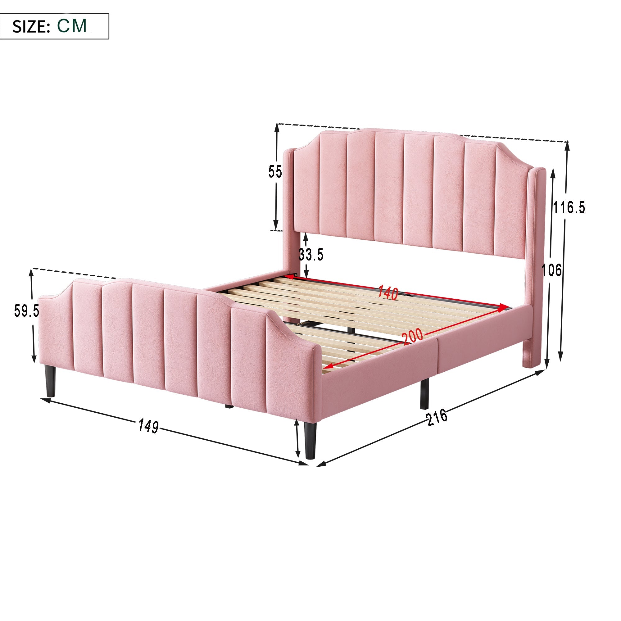 Upholstered Bed, 140 x 200 cm, with Headboard, Footboard & Slatted Frame, Pink Velvet