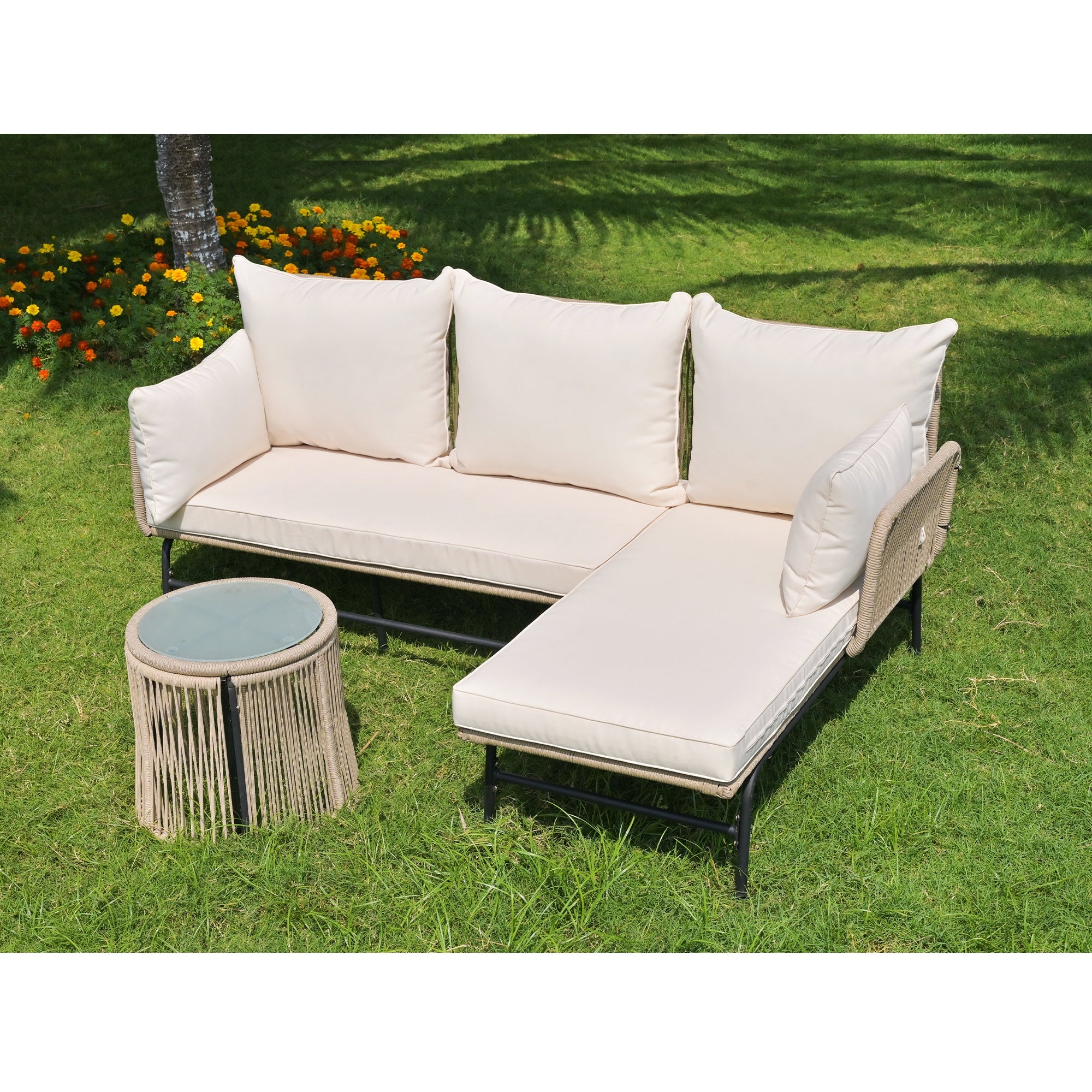 Garden Lounge Set with Iron Frame and Woven Rope, Beige