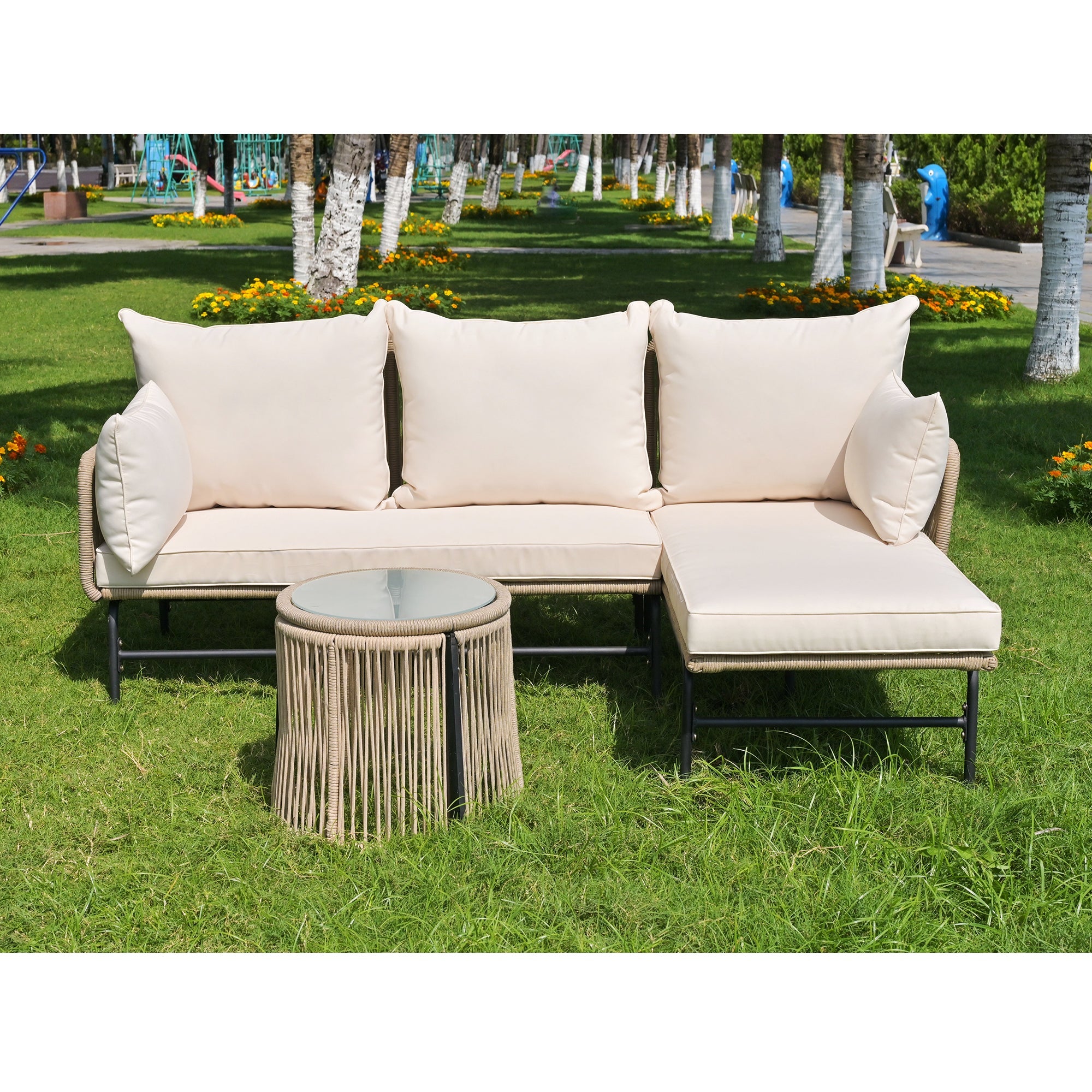 Garden Lounge Set L-Shaped Conversation Set with Table Iron Frame Beige Rope