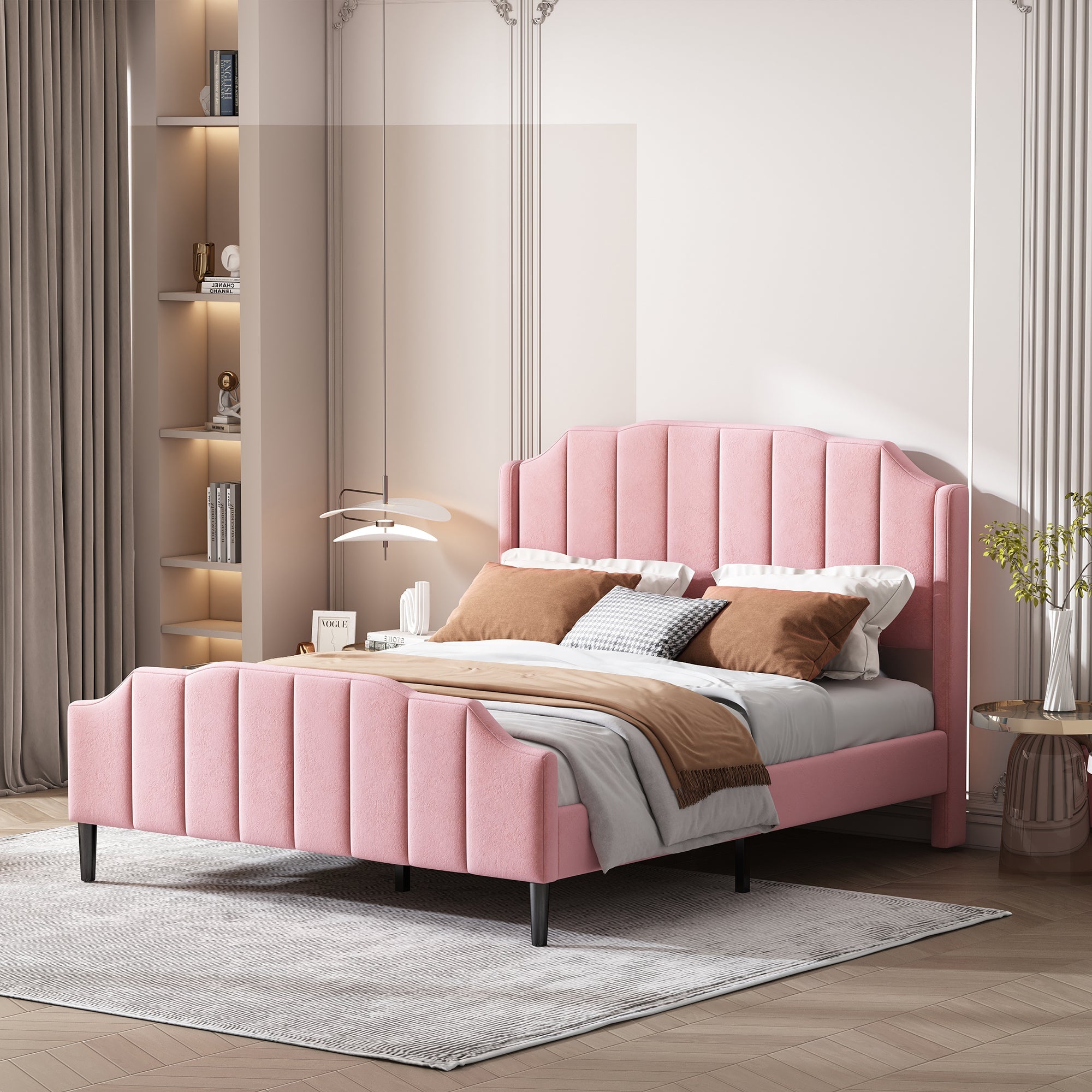 Upholstered Bed, 140 x 200 cm, with Headboard, Footboard & Slatted Frame, Pink Velvet