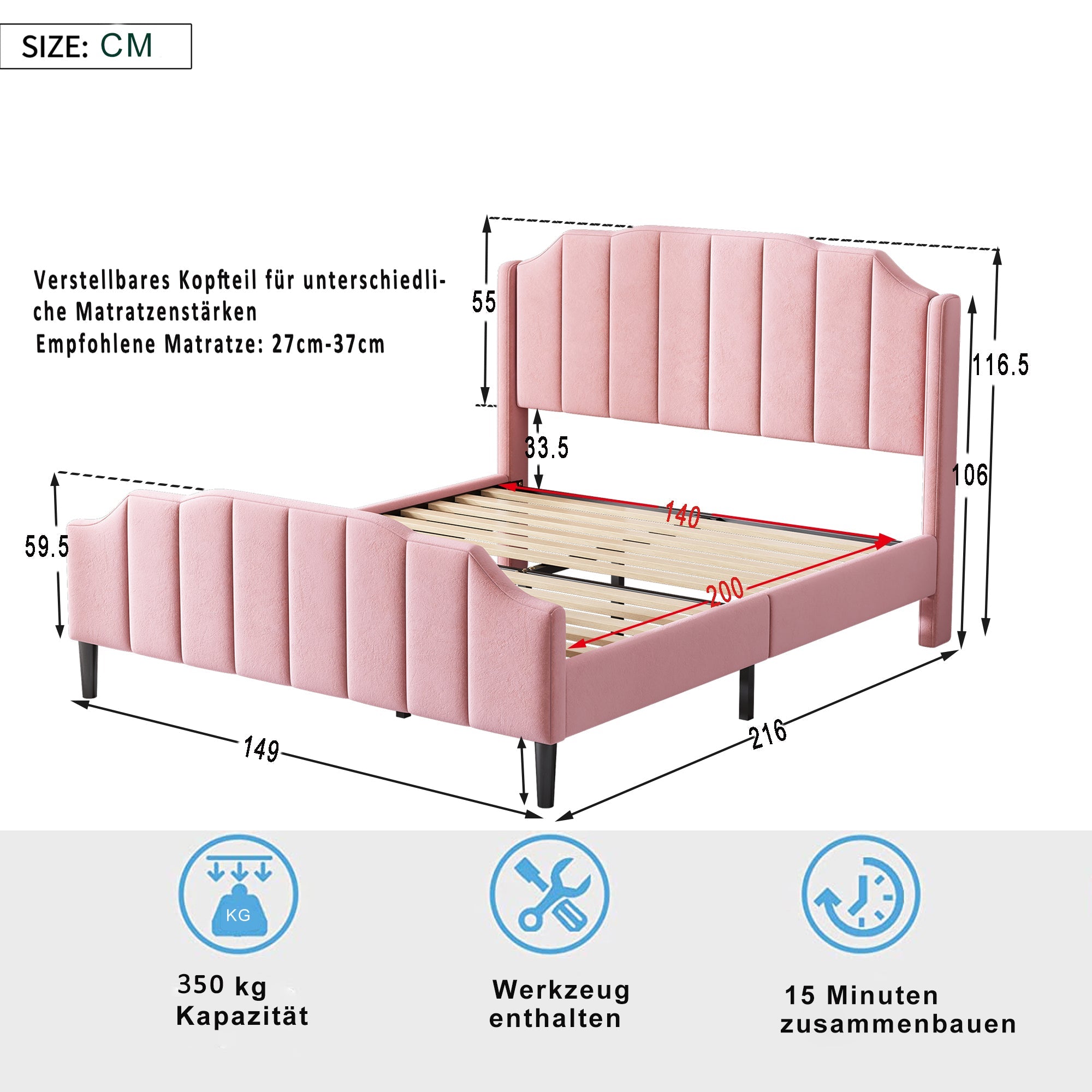 Upholstered Bed, 140 x 200 cm, with Headboard, Footboard & Slatted Frame, Pink Velvet