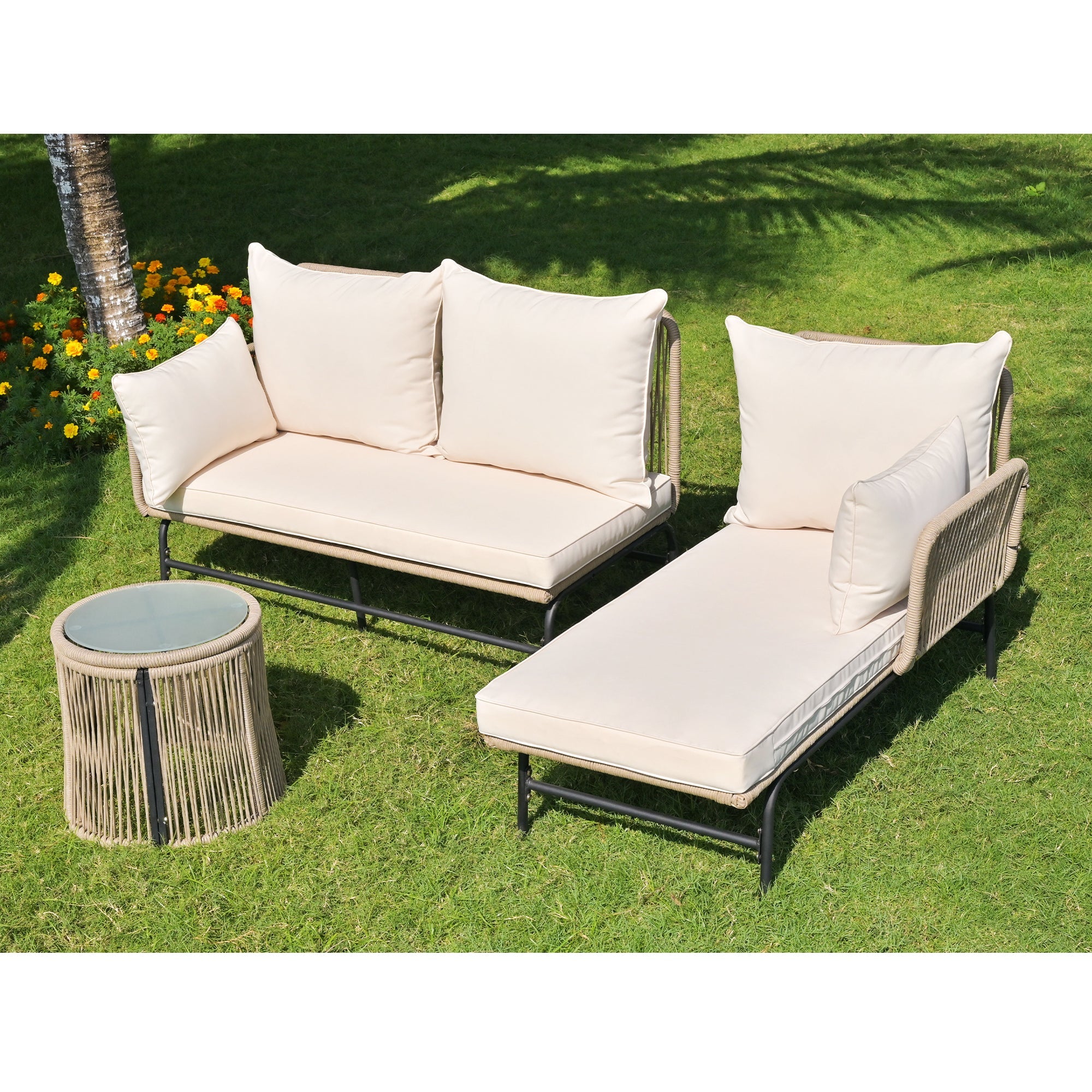Garden Lounge Set with Iron Frame and Woven Rope, Beige