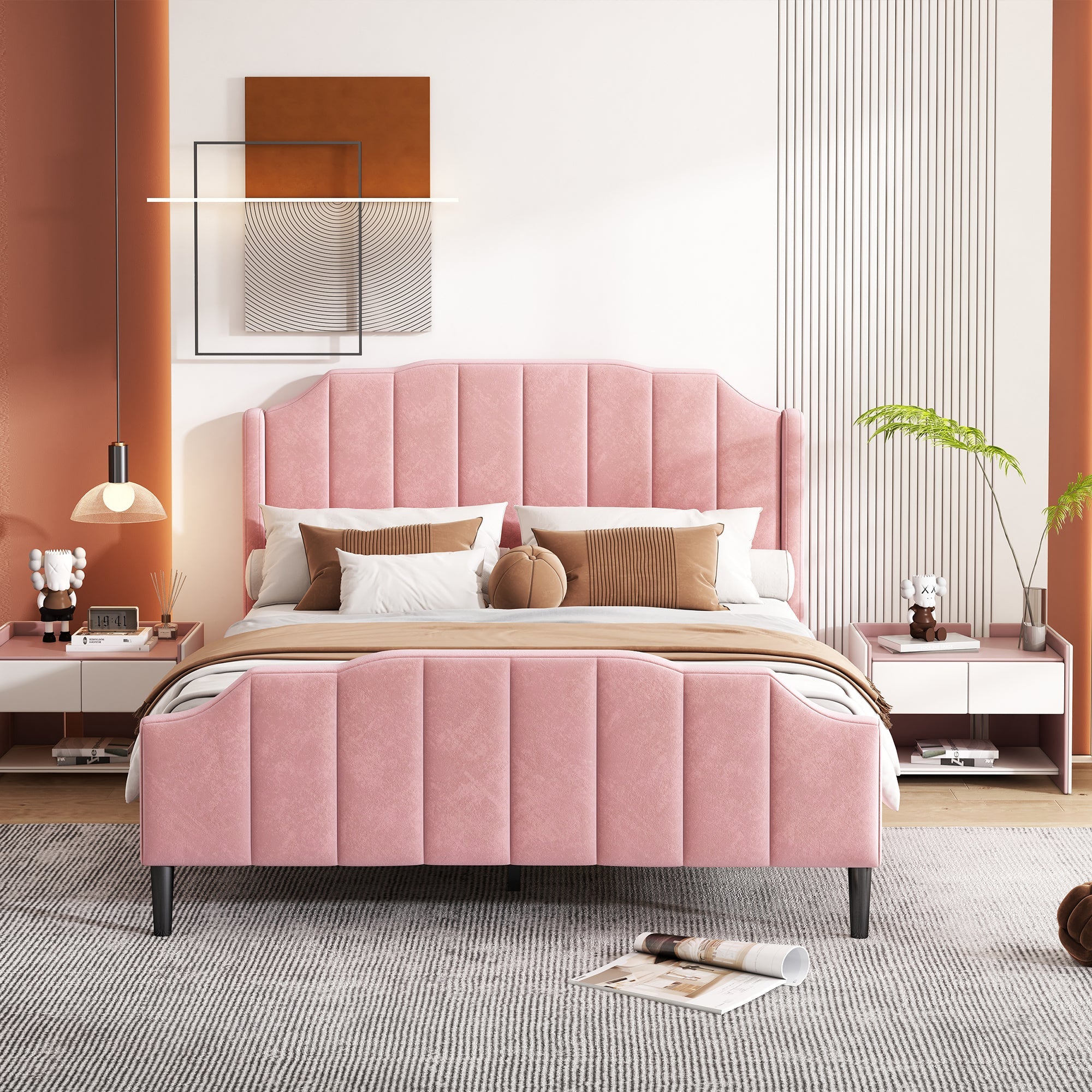 Upholstered Bed, 140 x 200 cm, with Headboard, Footboard & Slatted Frame, Pink Velvet