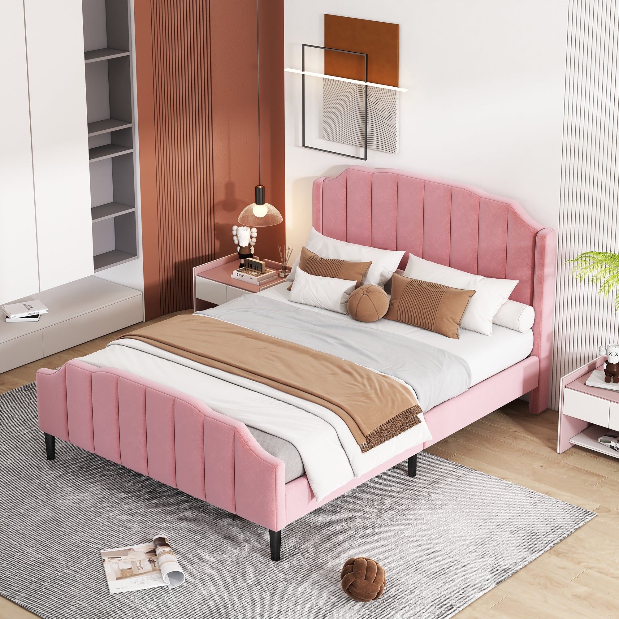 Upholstered Bed, 140 x 200 cm, with Headboard, Footboard & Slatted Frame, Pink Velvet