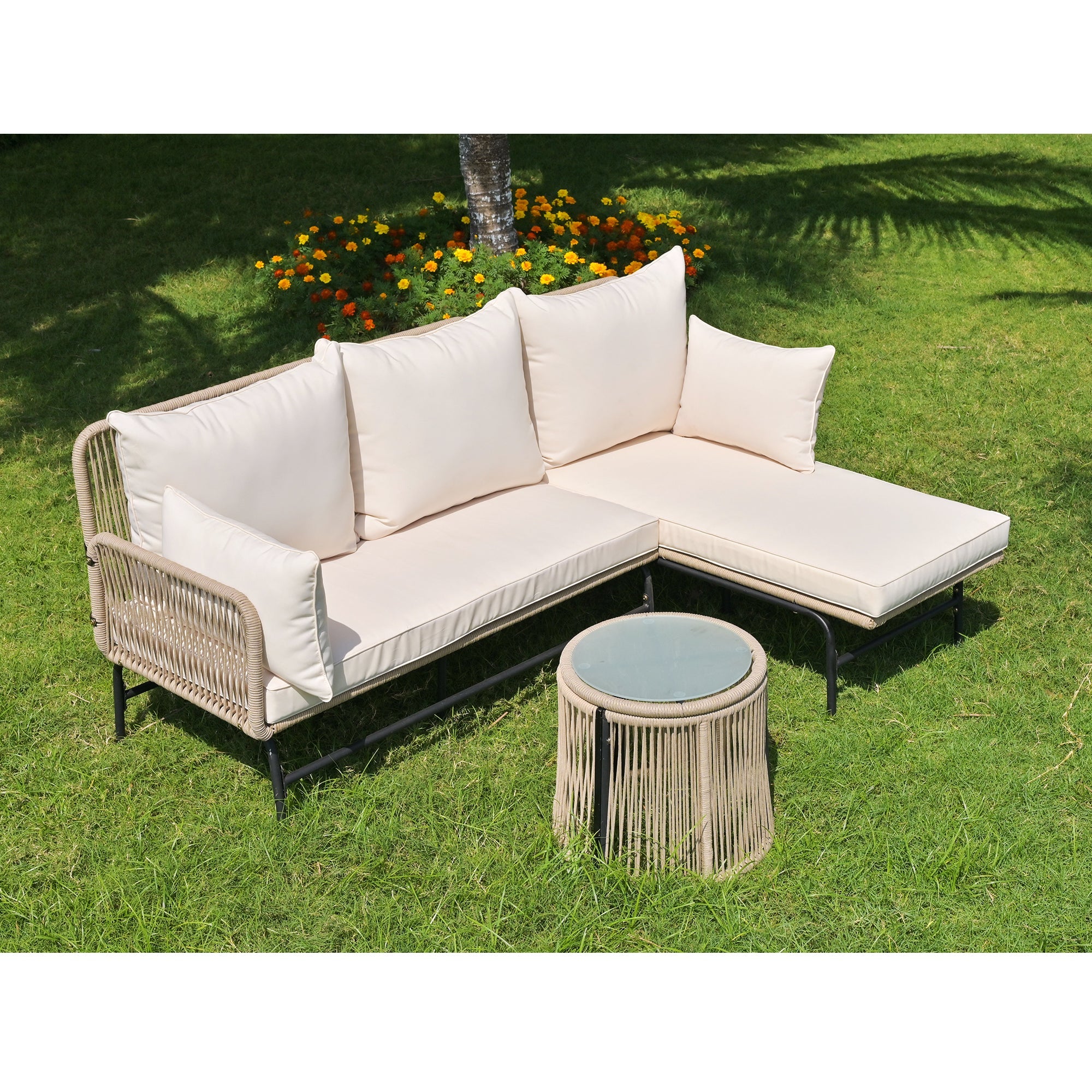 Garden Lounge Set L-Shaped Conversation Set with Table Iron Frame Beige Rope